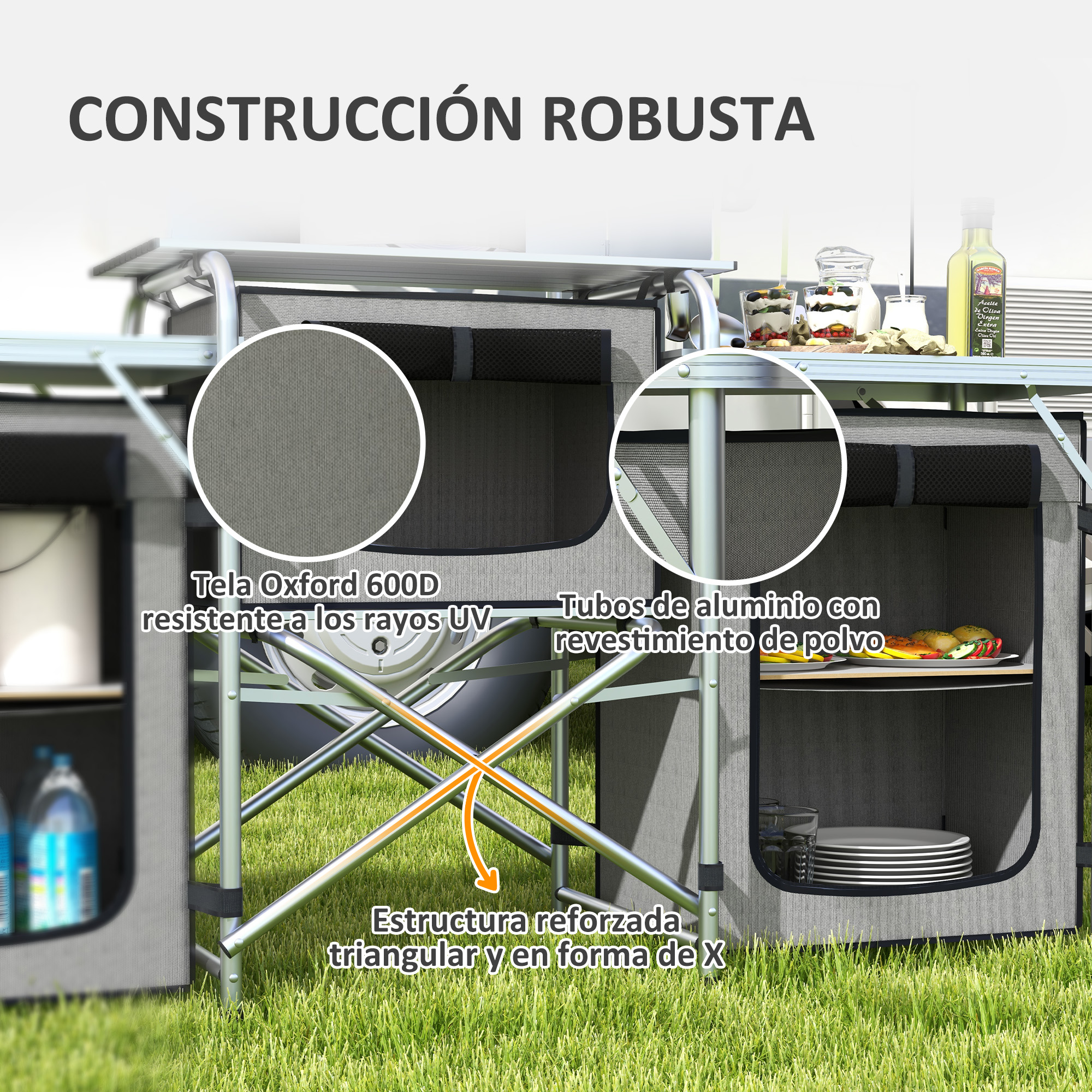Construcción robusta con tejido Oxford, tubos de aluminio y estructura X reforzada.