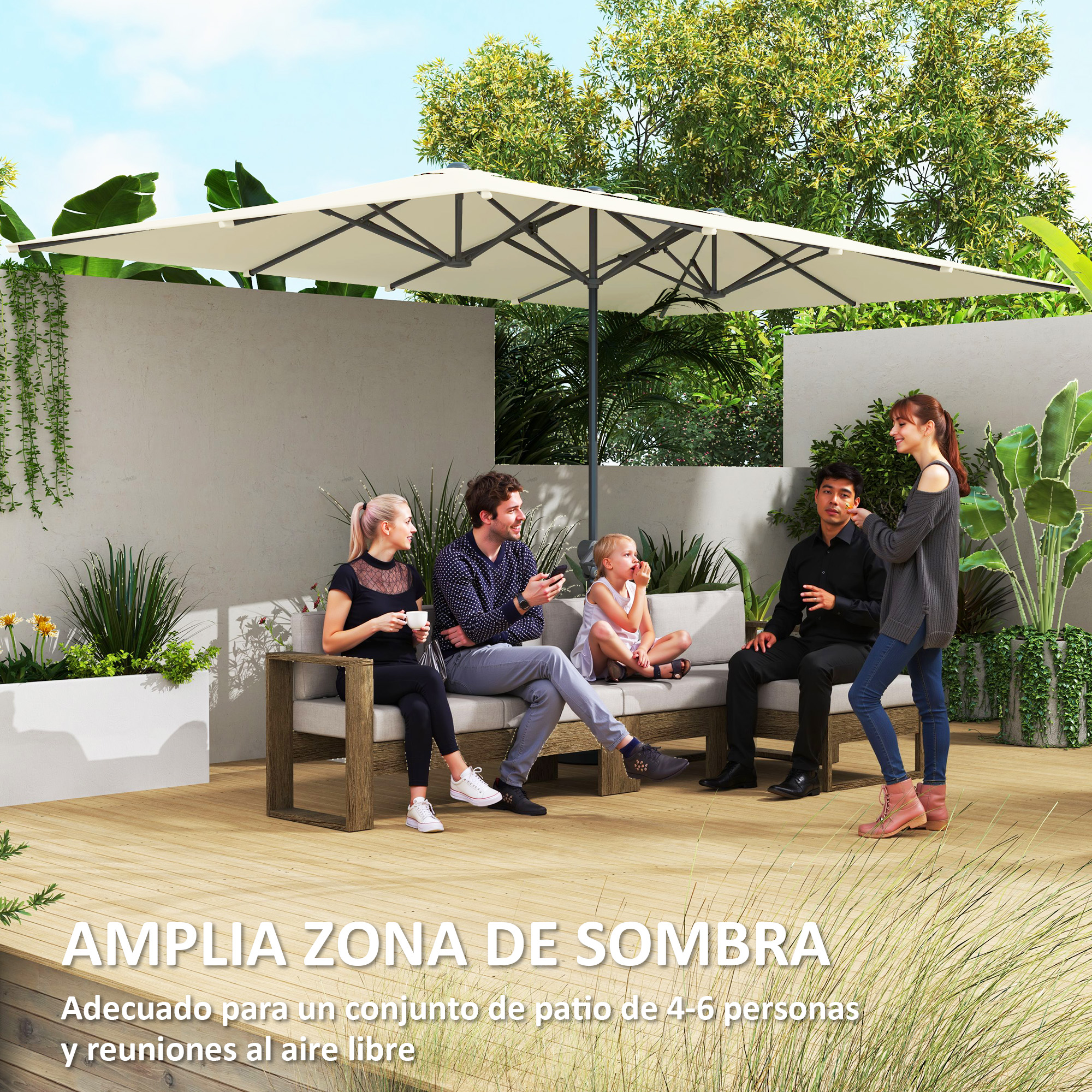 Cinco personas sentadas en un sofá bajo un gran parasol exterior.