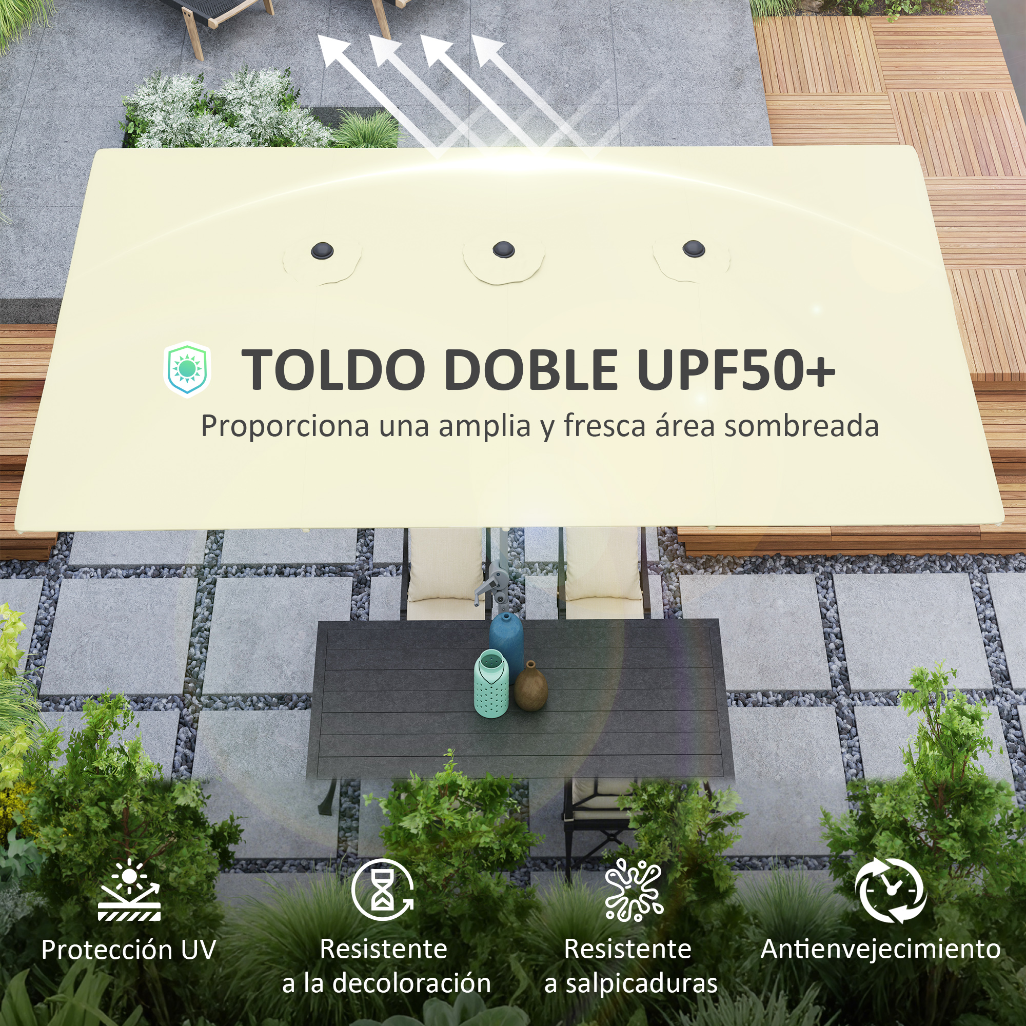 Un toldo beige da sombra a una mesa y sillas exteriores con protección UPF50+.