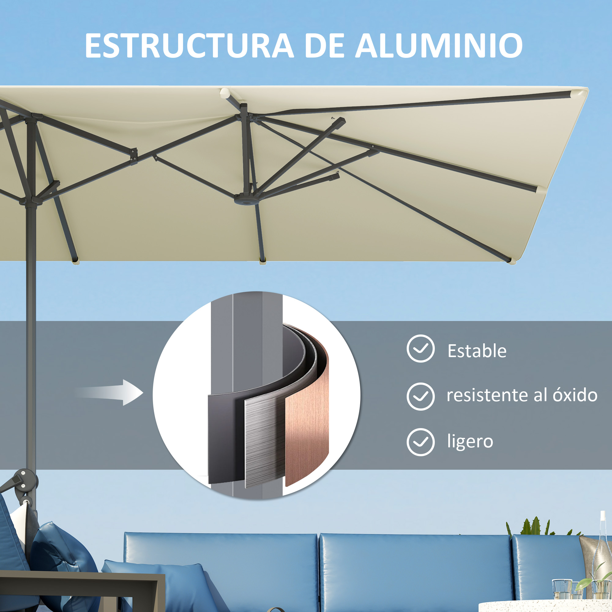 Estructura de sombrilla de aluminio con cielo azul y muebles.