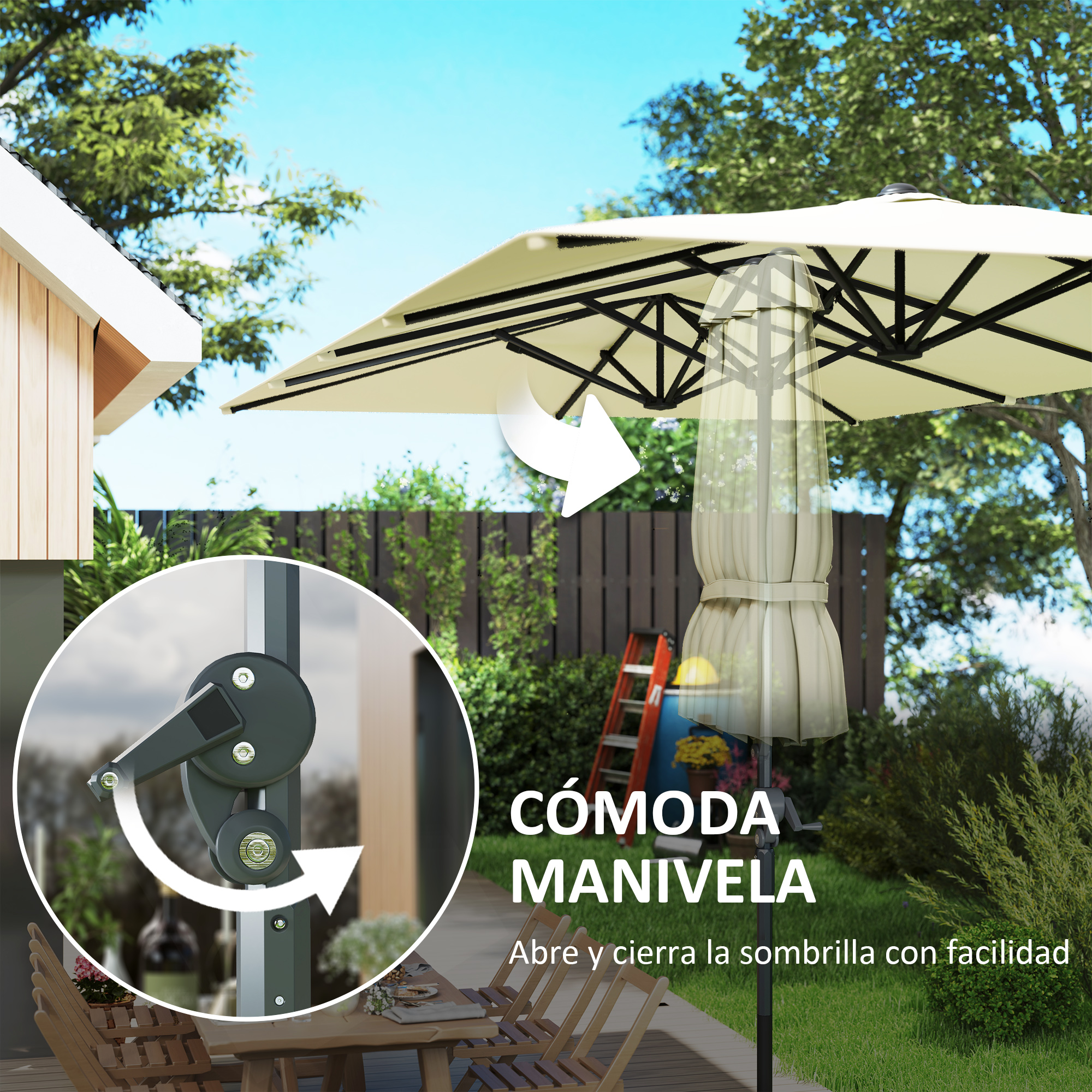 Un parasol de patio con mecanismo de manivela, abierto en una terraza.