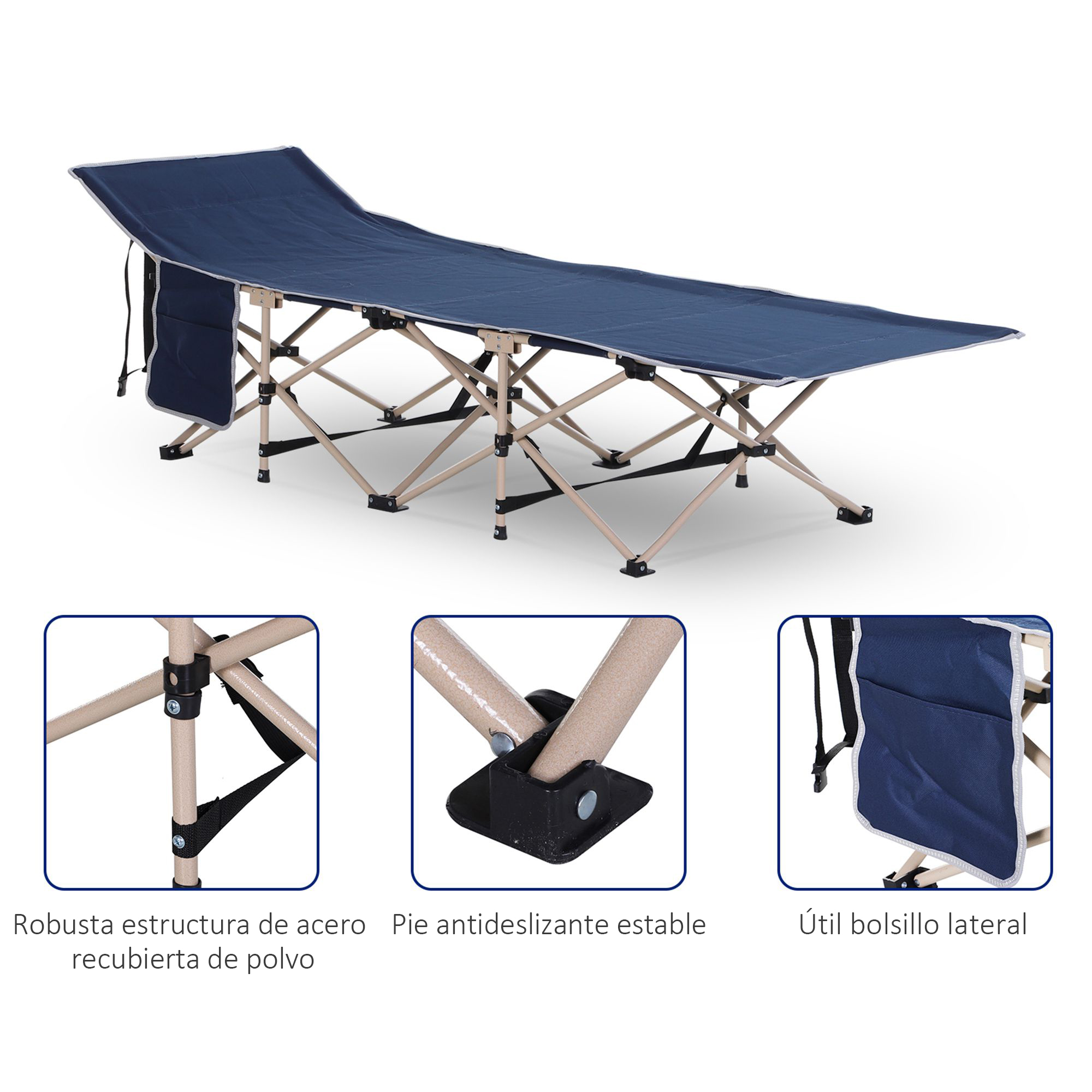 Una cama plegable azul marino con marco de metal y bolsillo lateral.