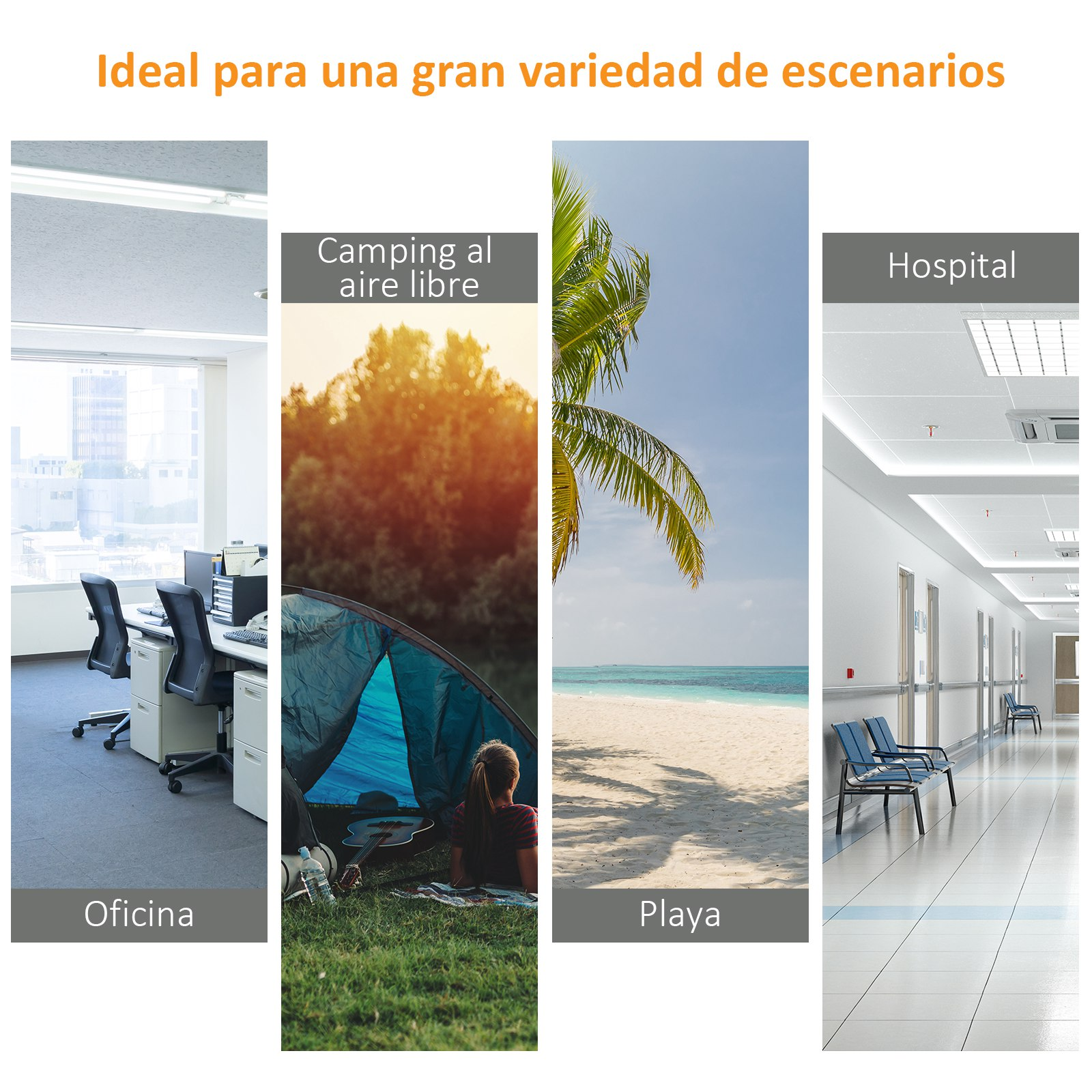 Un collage de oficina, camping, playa y pasillo de hospital.