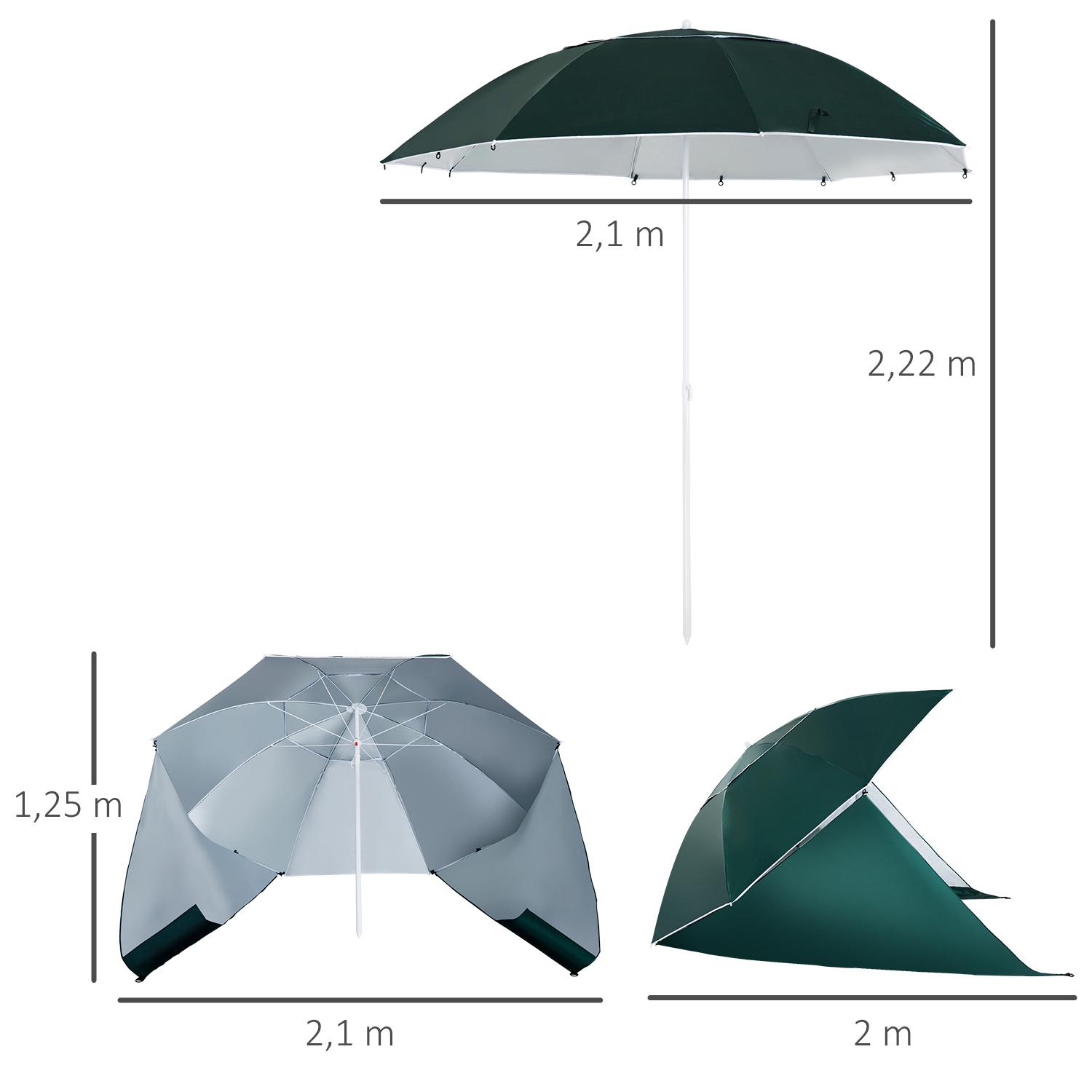 Un parasol verde oscuro, abierto y cerrado, con dimensiones.