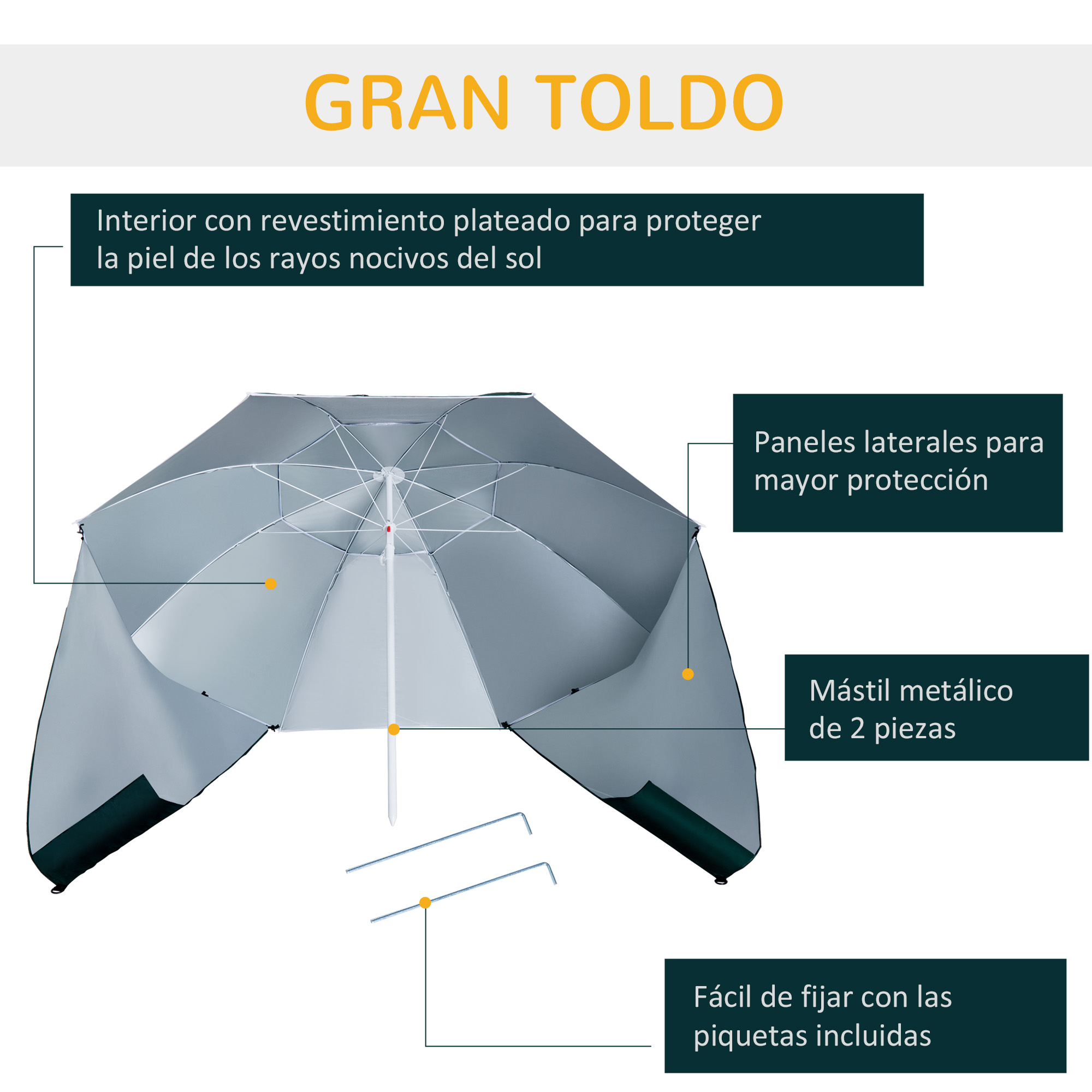 Gran toldo con interior plateado y paneles laterales.