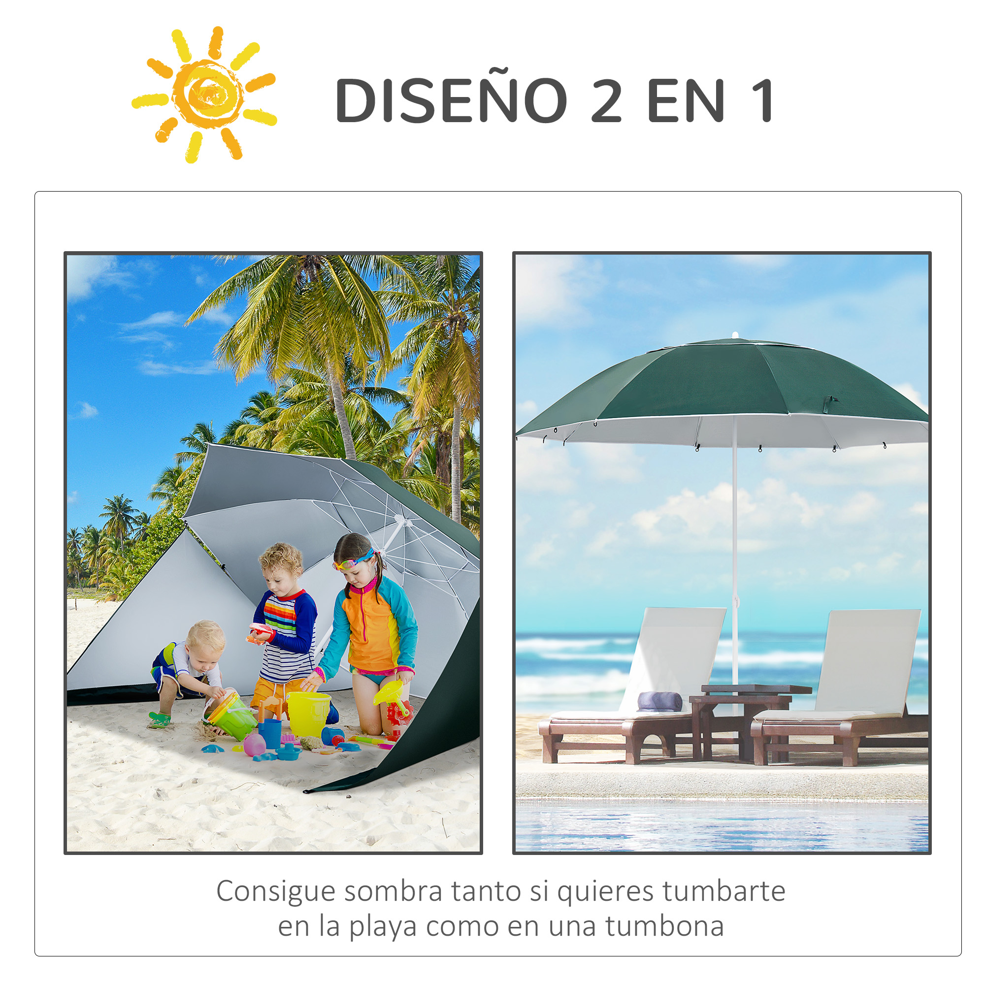 Niños juegan en playa, tumbonas junto a piscina, palmeras, sol