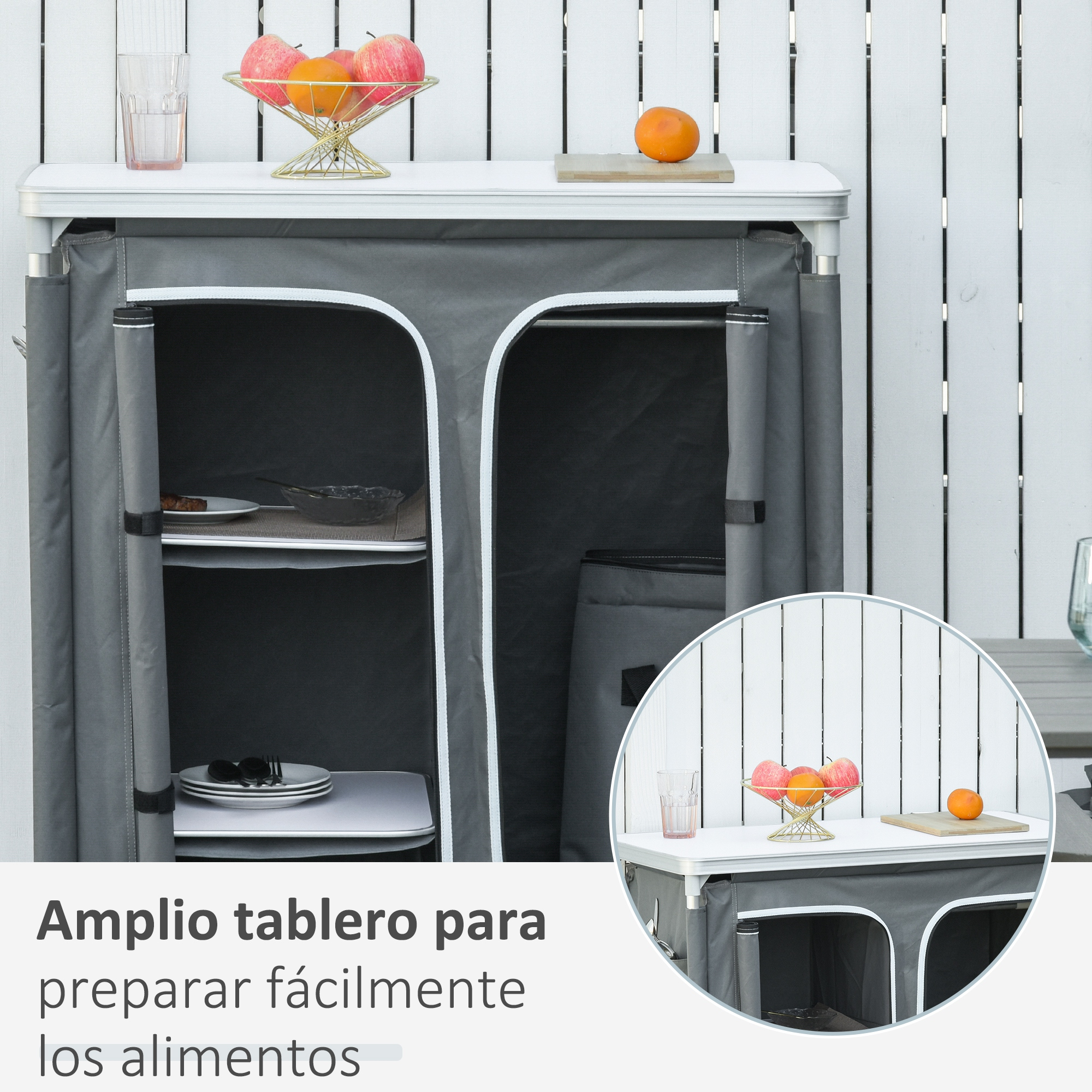 Armario gris con fruta y platos. Pared de listones de madera blanca.