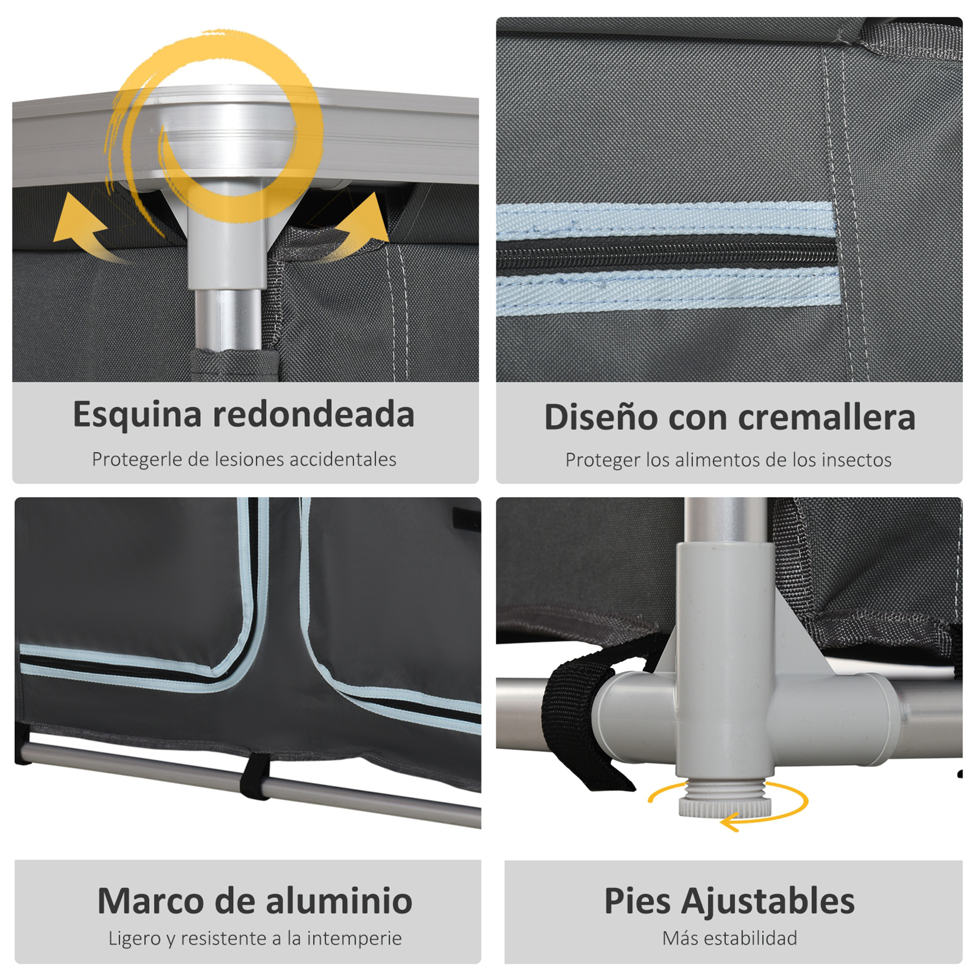Detalles de un armario de tela: esquina redondeada, cremallera, marco de aluminio, pies ajustables.