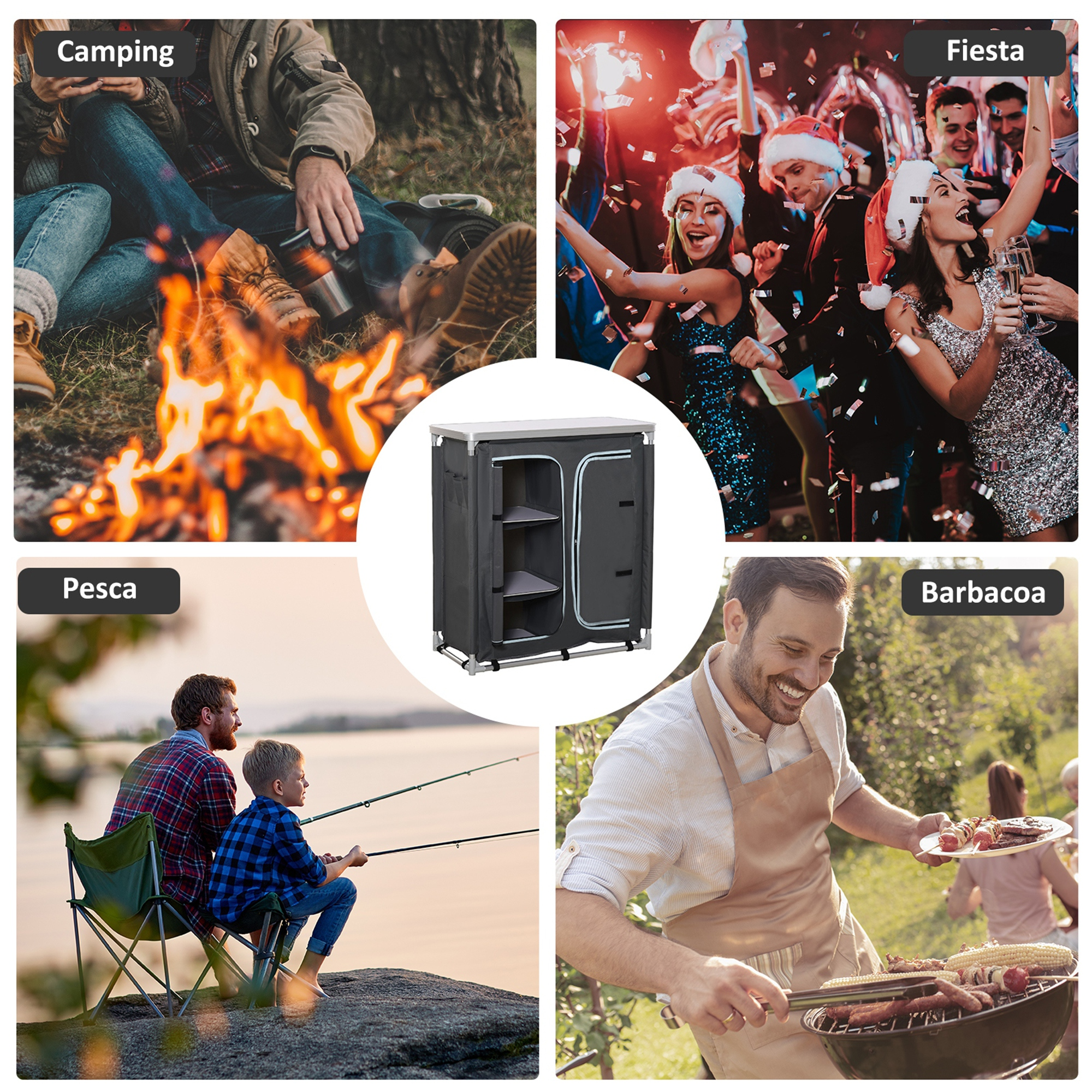 Cuatro collages: Camping, fiesta, pesca y barbacoa con un armario.