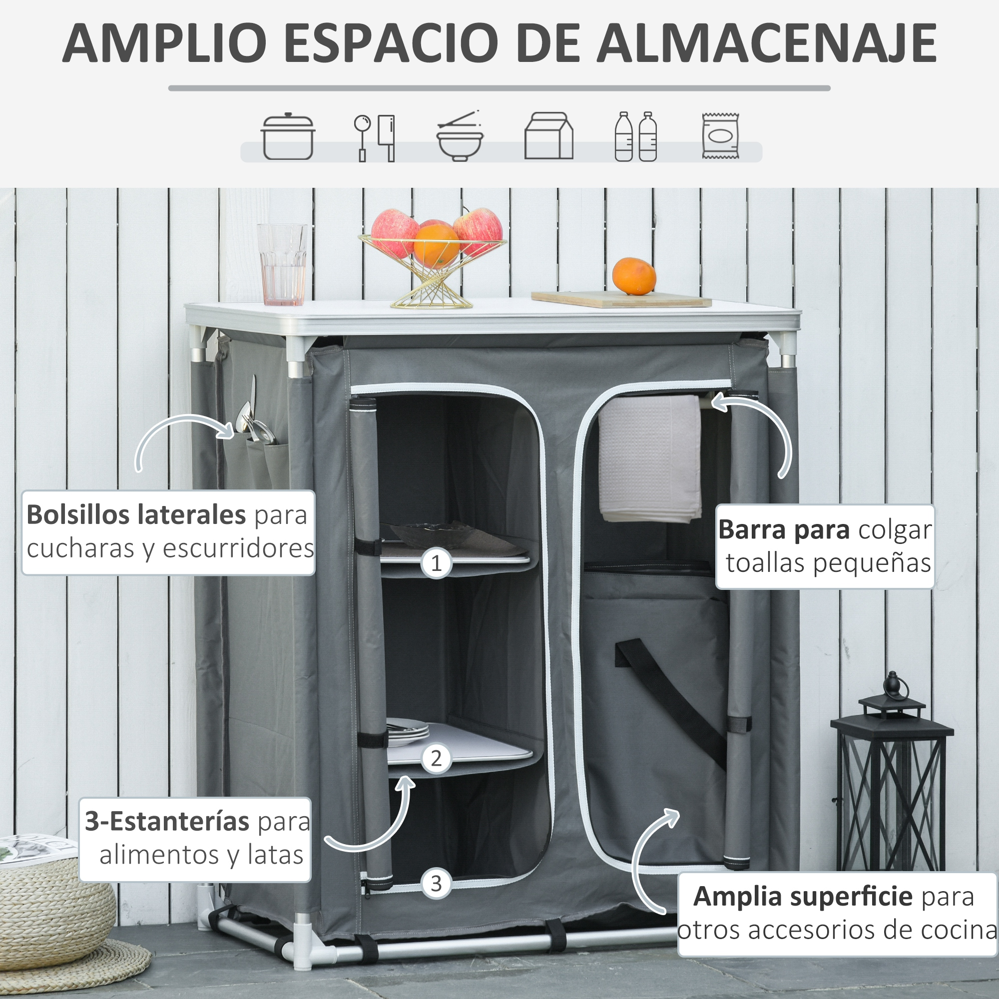 Armario de tela gris con tres estantes, bolsillos laterales y barra para colgar.