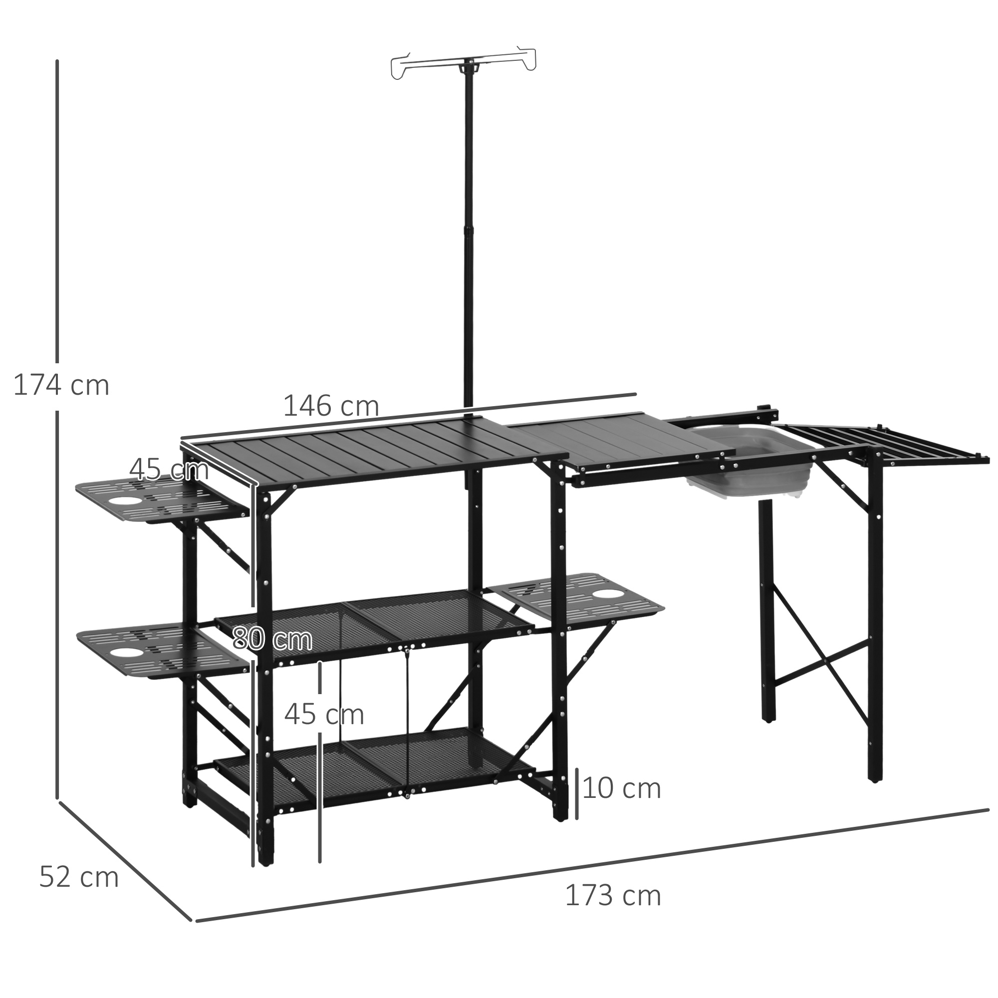 Estante de cocina de camping negro con fregadero, escurridor y ganchos. Se muestran las dimensiones.
