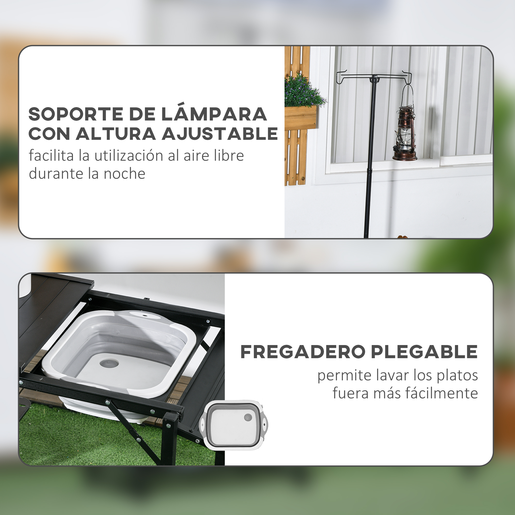Un soporte de lámpara de altura ajustable y un fregadero plegable para exterior.