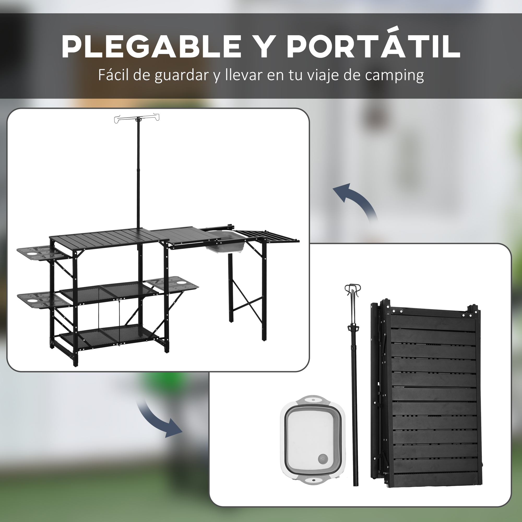 Una mesa de camping plegable con múltiples estantes, fregadero y ganchos.