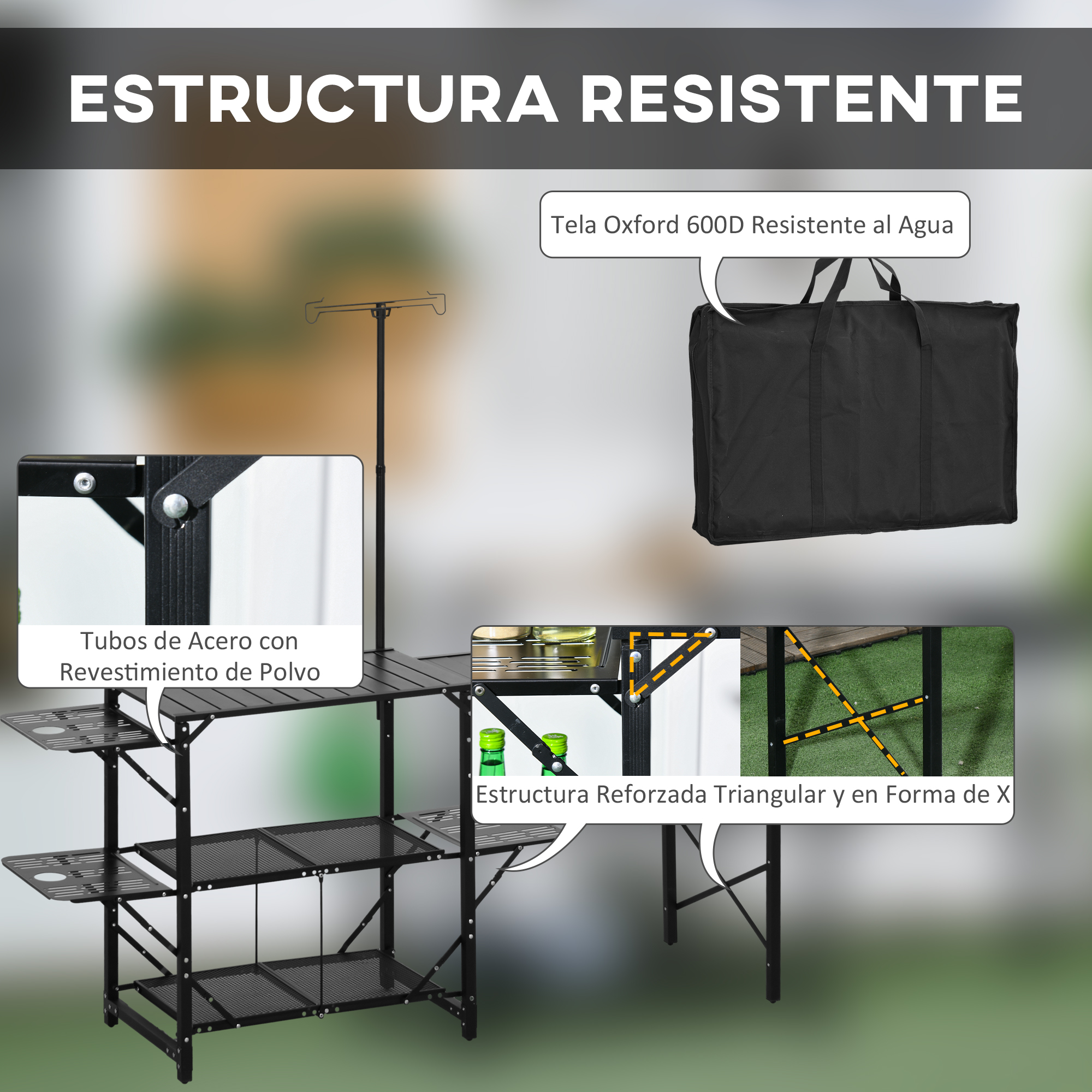 Mesa de camping de metal negra con varias baldas y bolsa de transporte.