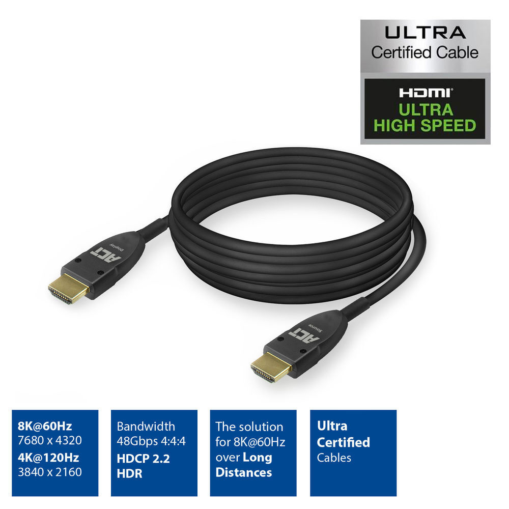 Zwarte HDMI-kabel met ACT-connectoren, 8K/60Hz, 4K/120Hz, Ultra Certified.