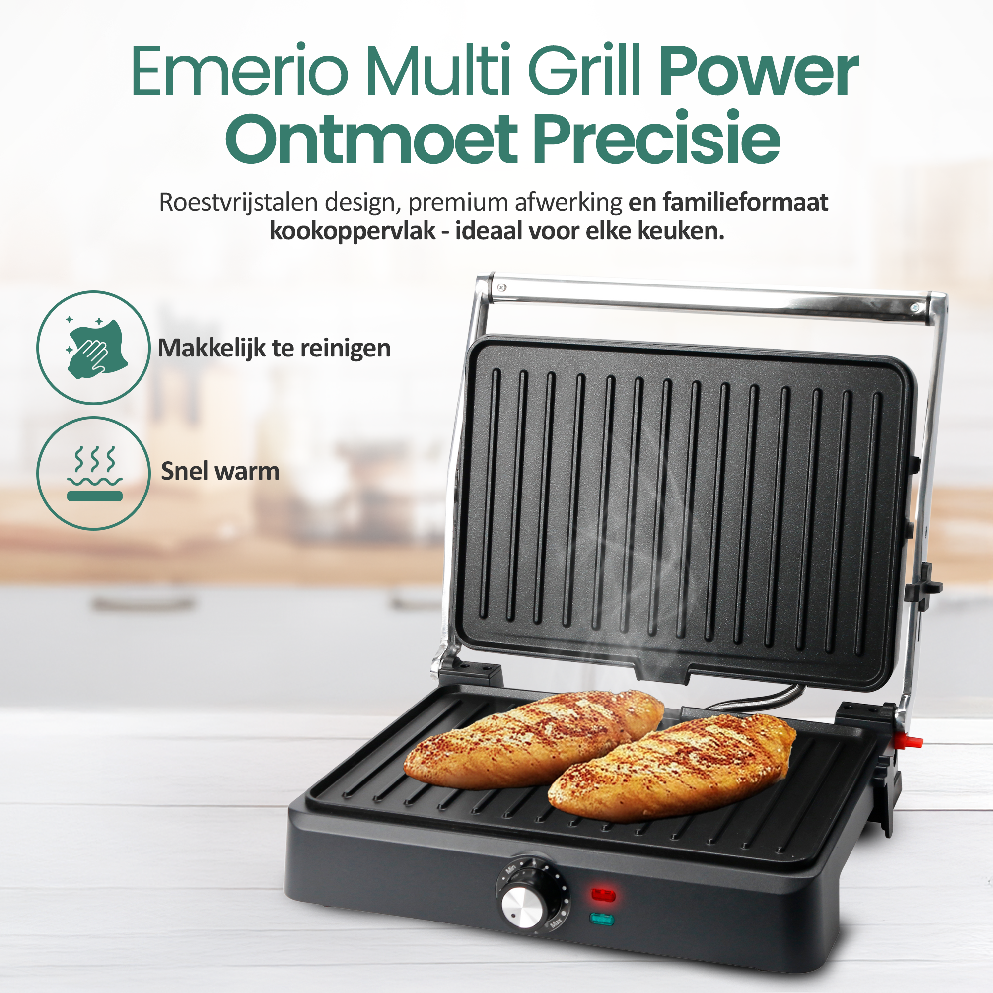 Un grill ouvert avec deux poitrines de poulet fumantes.