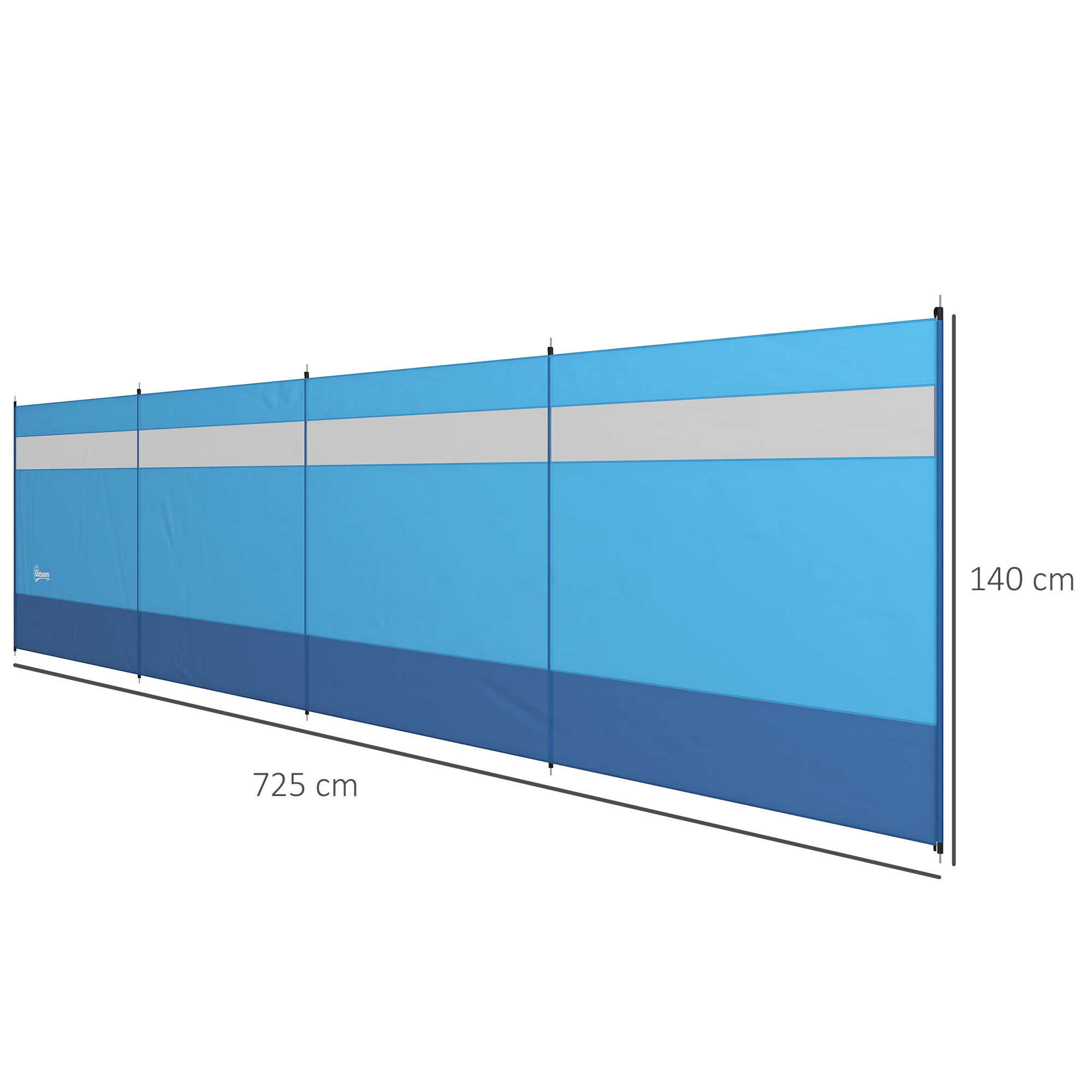 Un cortavientos azul con franja gris, 725 cm de largo, 140 cm de alto.