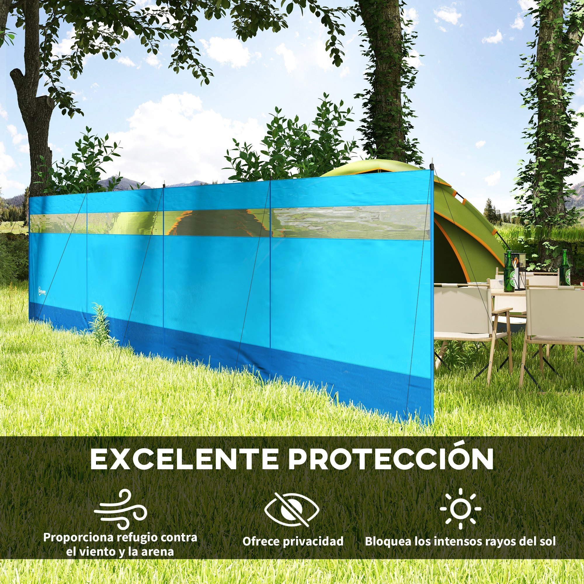 Un cortavientos azul se alza en el césped frente a una tienda, sillas y árboles.