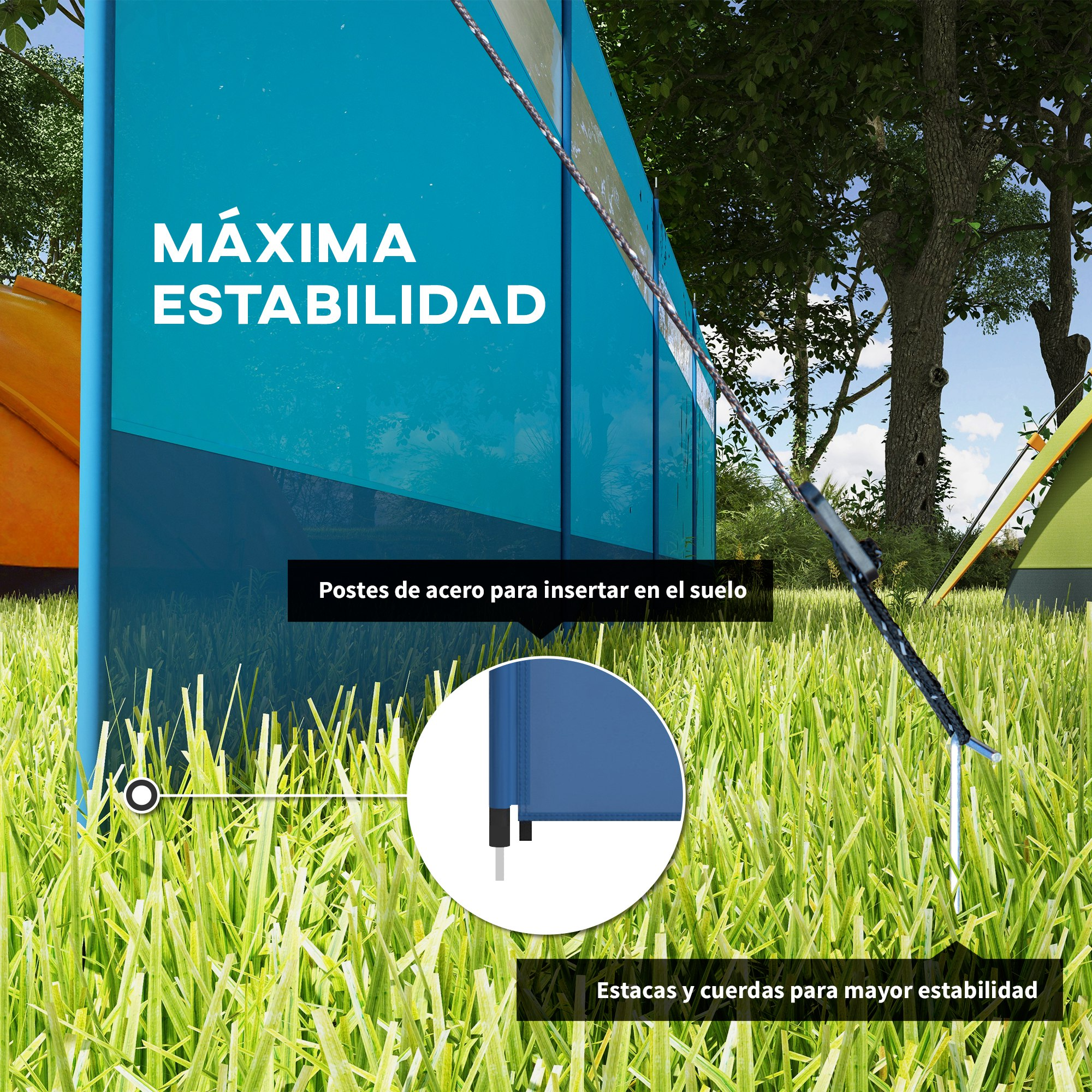 Carpa azul en el césped, con texto sobre estabilidad y anclaje.