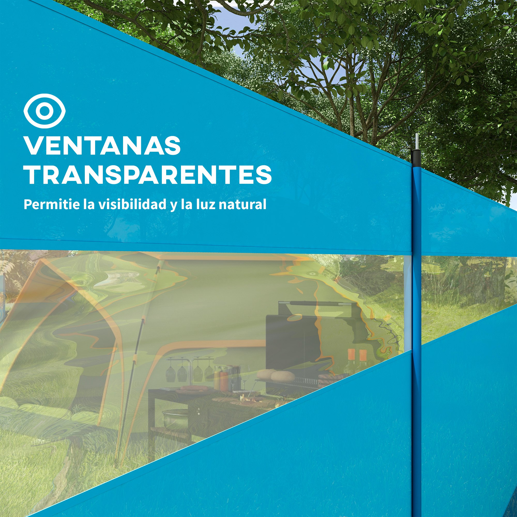 Tienda con ventanas transparentes, parrilla, árboles y pared azul.