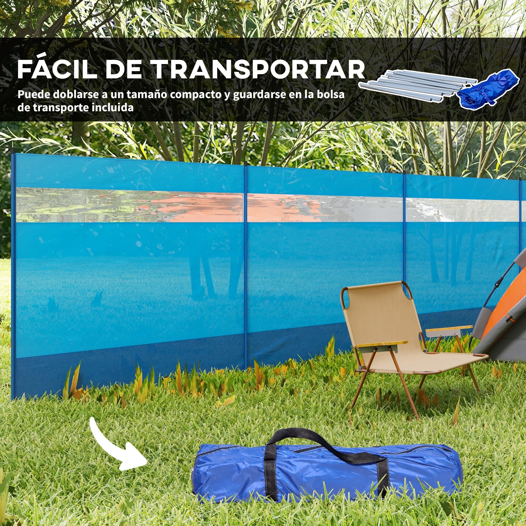 Una bolsa de lona azul está en la hierba junto a una silla de camping y una tienda.