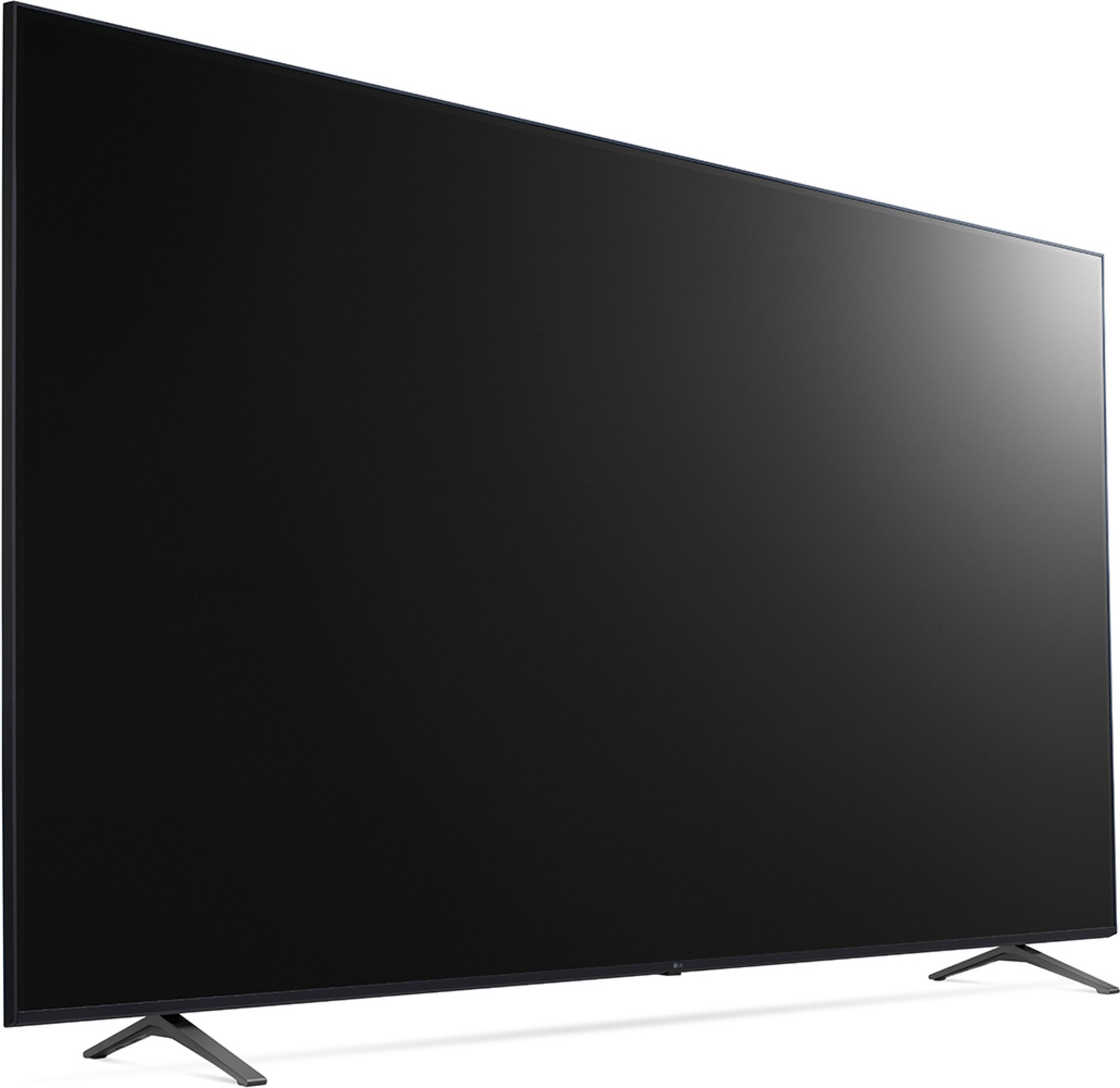 Een moderne, zwarte televisie met een slanke rand en brede voet.