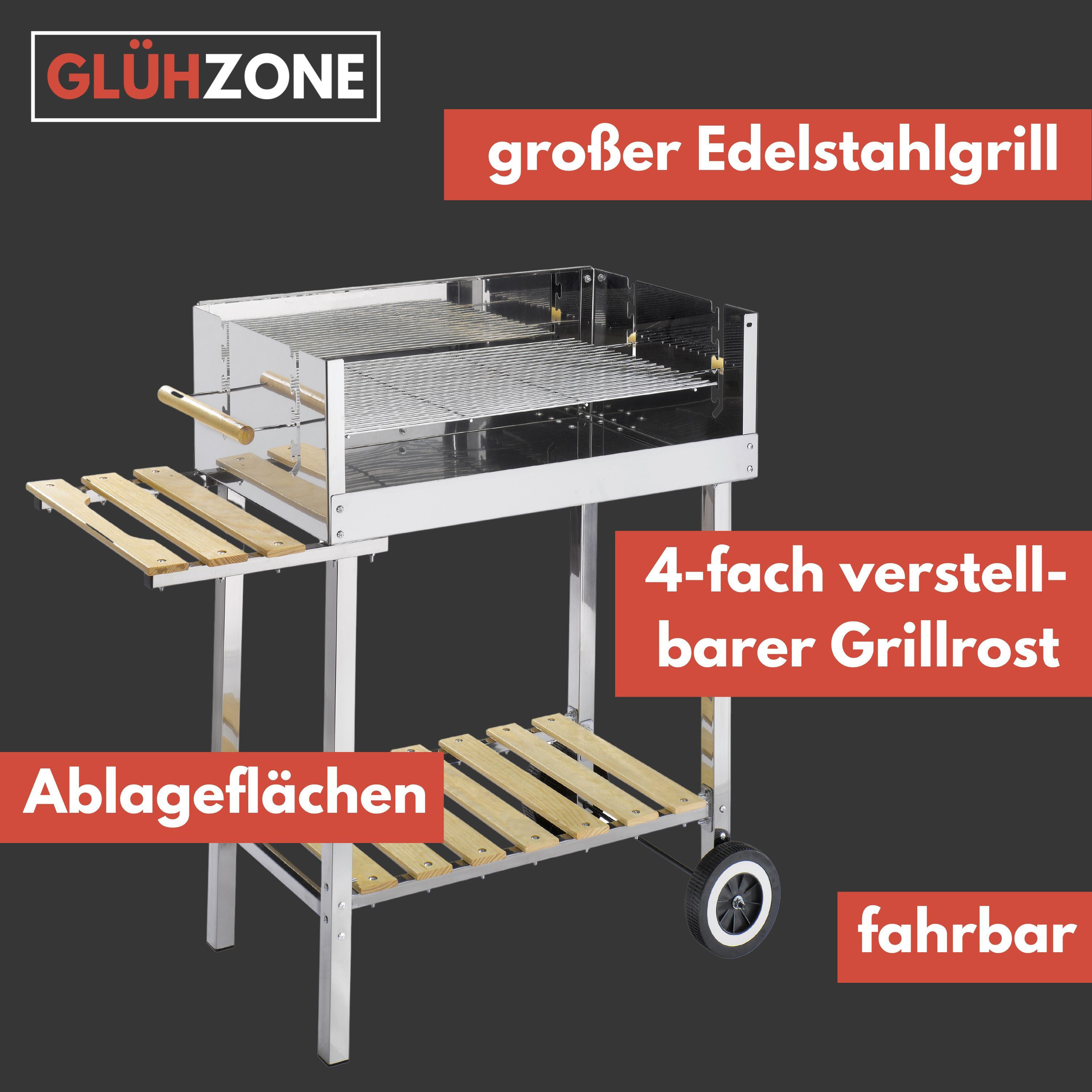 Großer Edelstahlgrill mit Ablageflächen und verstellbarem Rost.