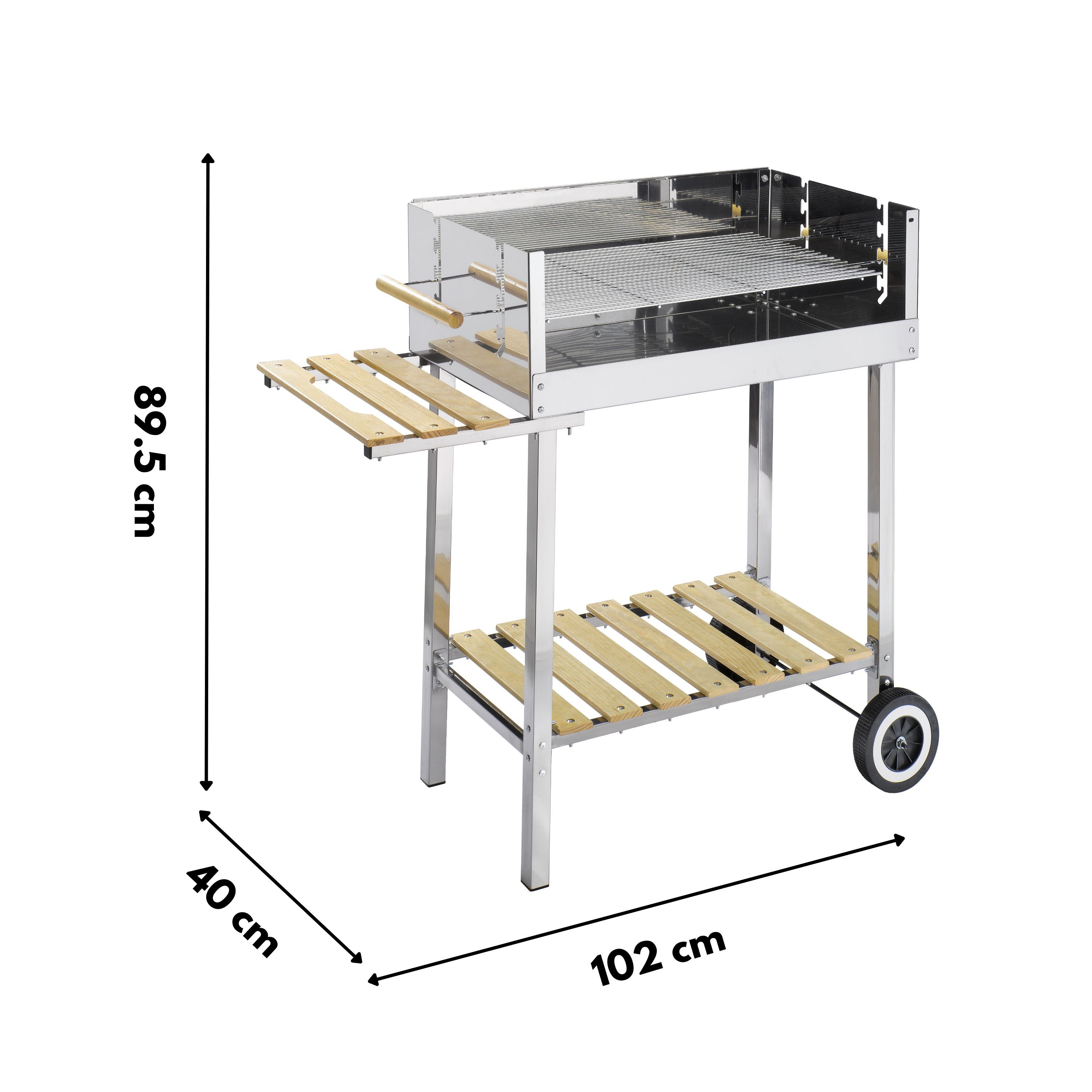 Ein glänzender Grillwagen mit Holzablagen und Rädern. Maße: H 89,5 cm, B 102 cm, T 40 cm.