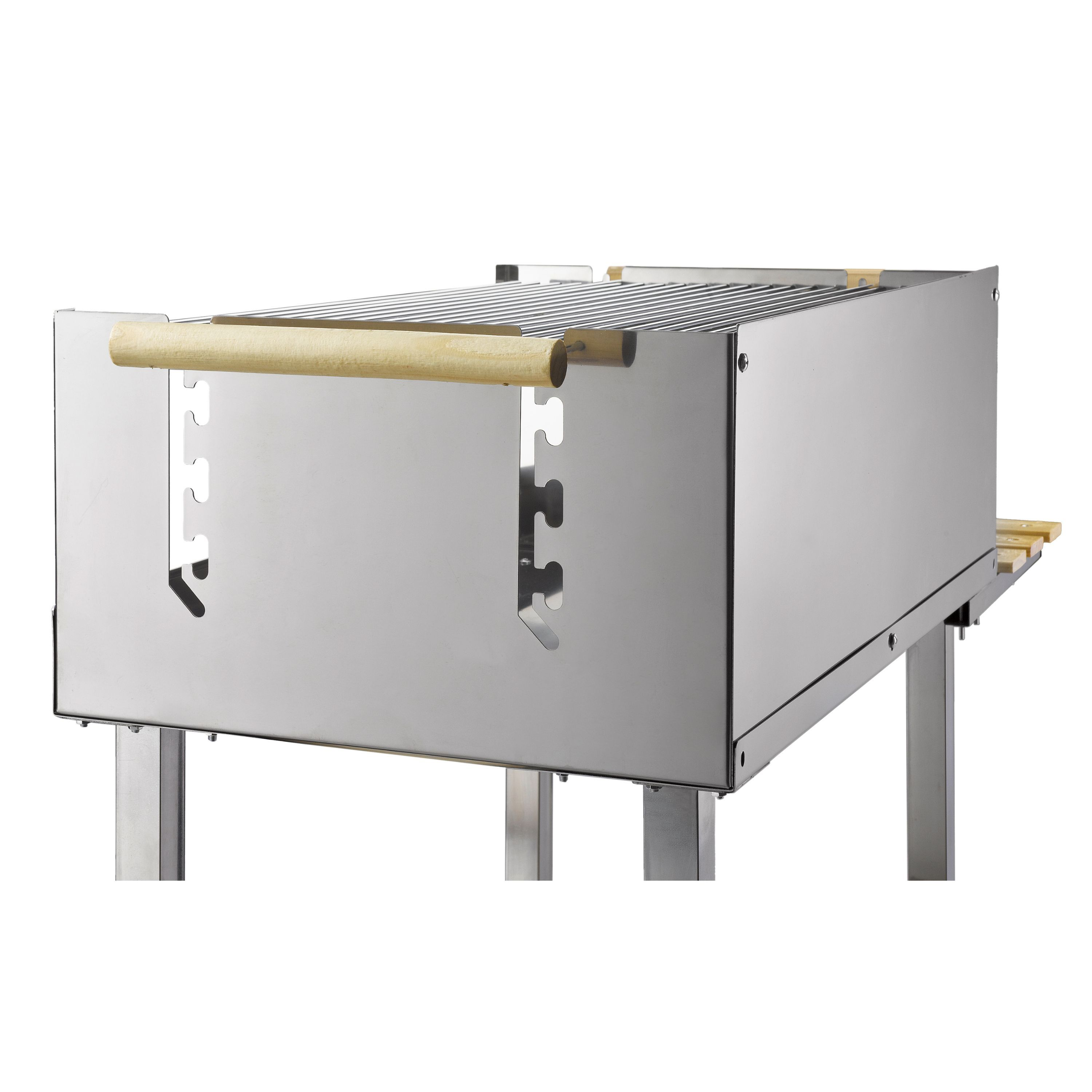 Ein rechteckiger Metallgrill mit Holzgriff und Metallbeinen.