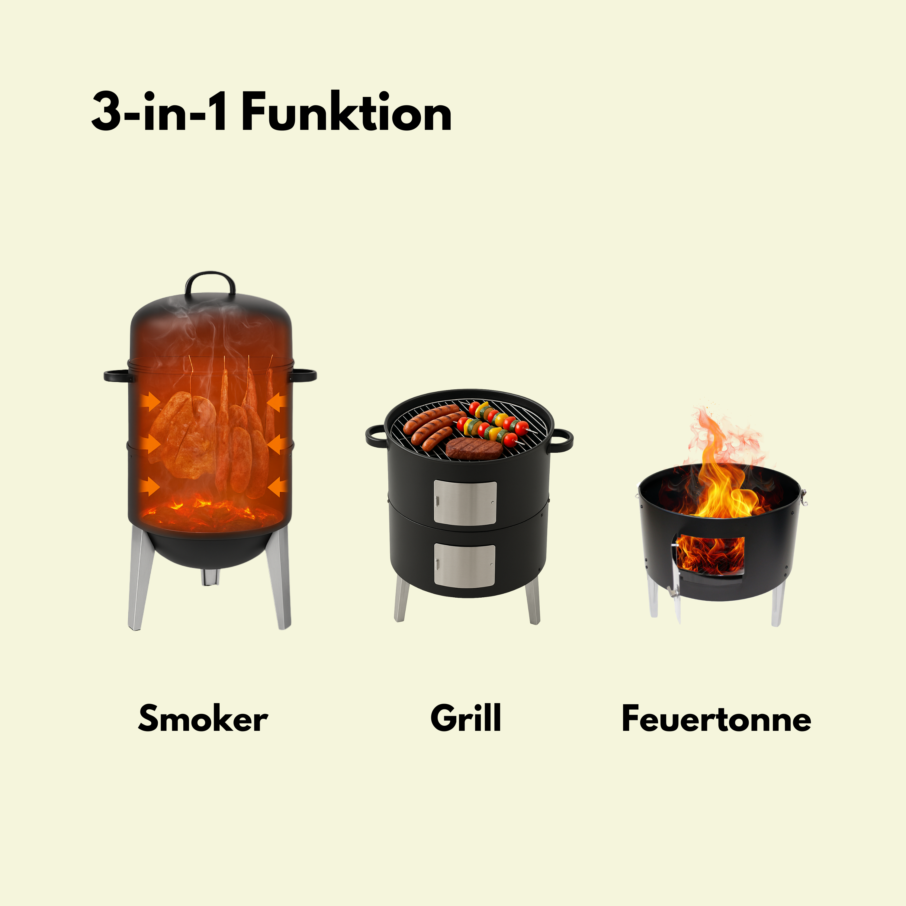 Drei Grills: Smoker mit Fleisch, Grill mit Würstchen/Gemüse, Feuertonne mit Flammen.
