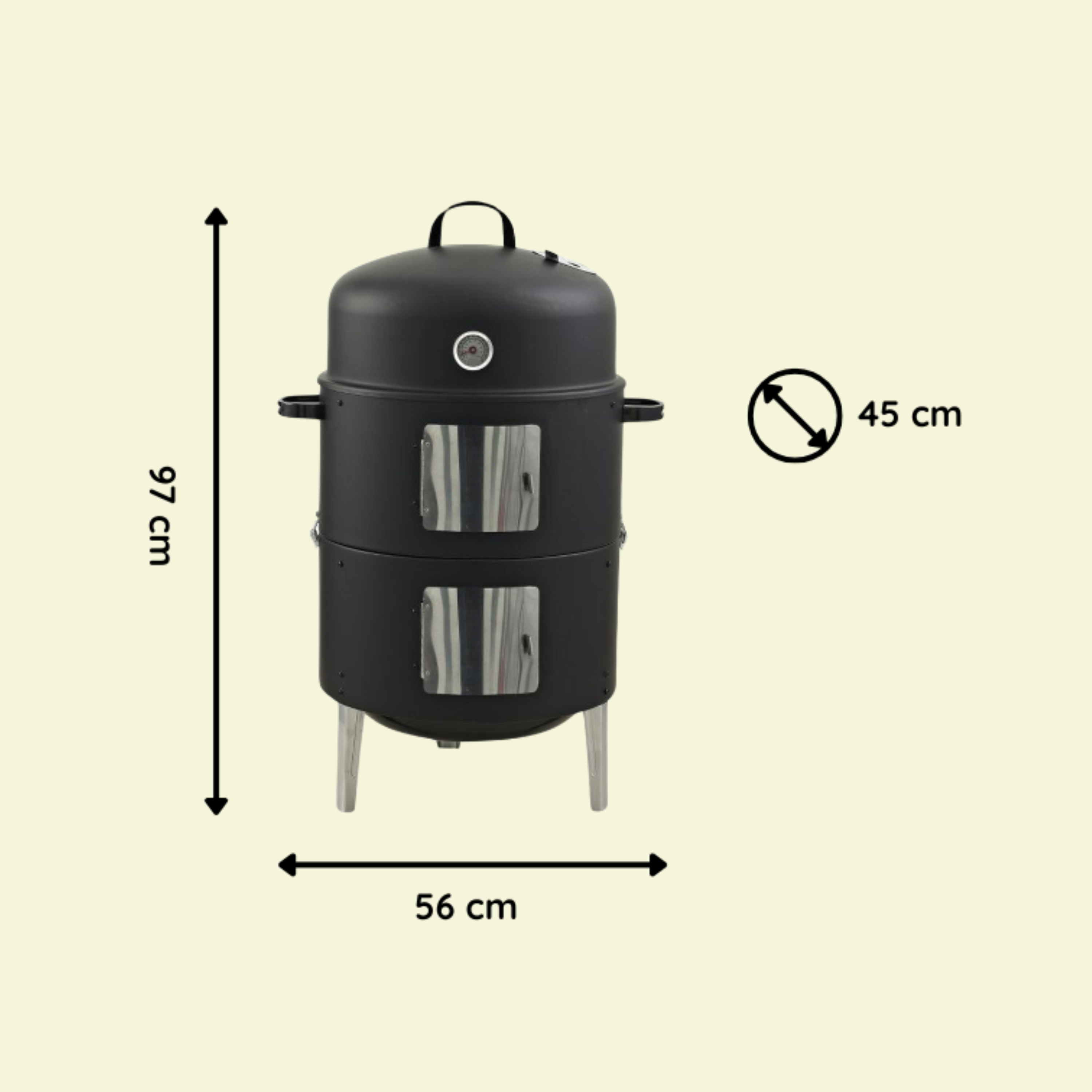 Schwarzer Smoker Grill mit Thermometer, 97cm H, 56cm B, 45cm D.