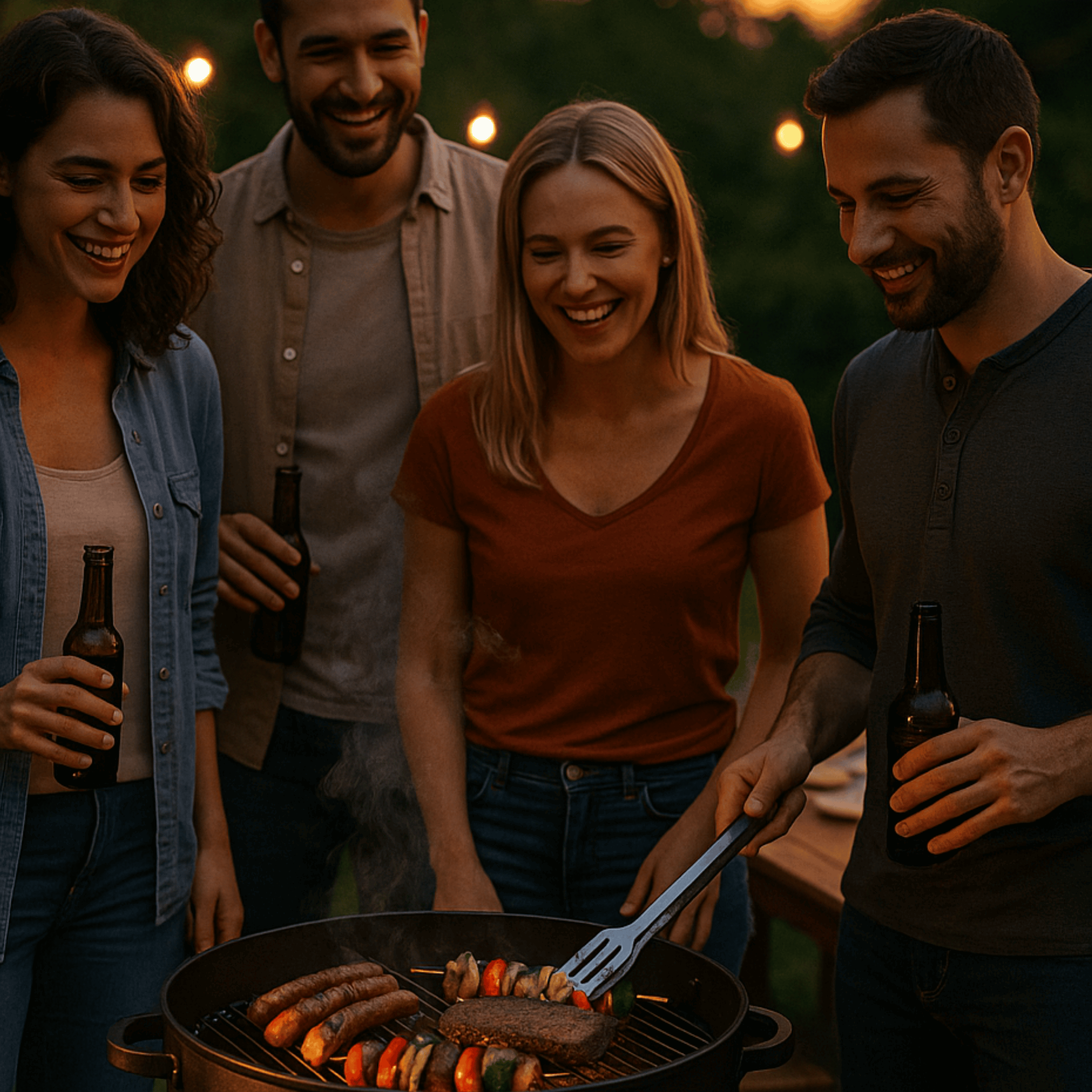 Freunde grillen Würstchen und Spieße bei Nacht mit Lichtern im Hintergrund.