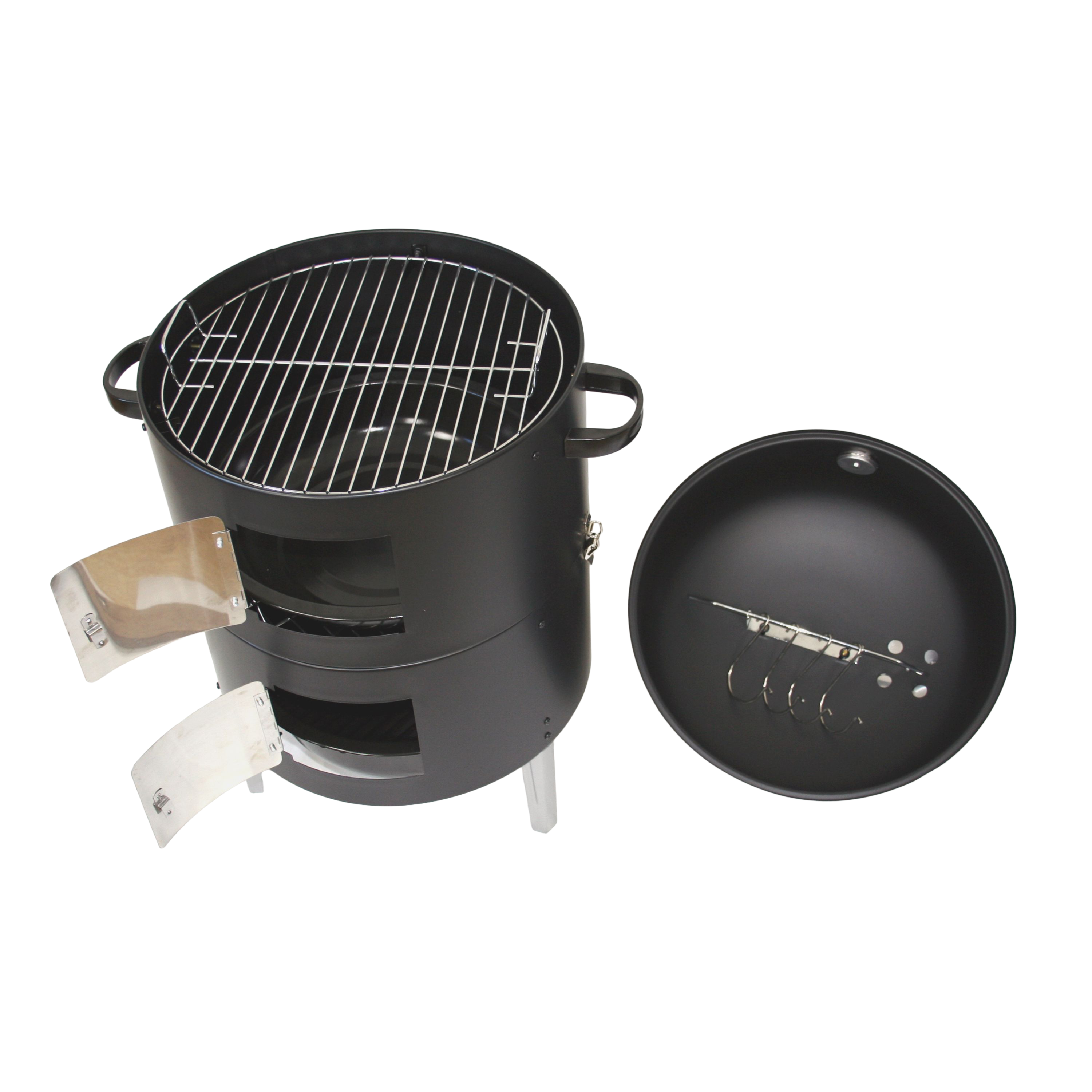 Schwarzer Zylindergrill mit offenem Deckel und Grillrost.