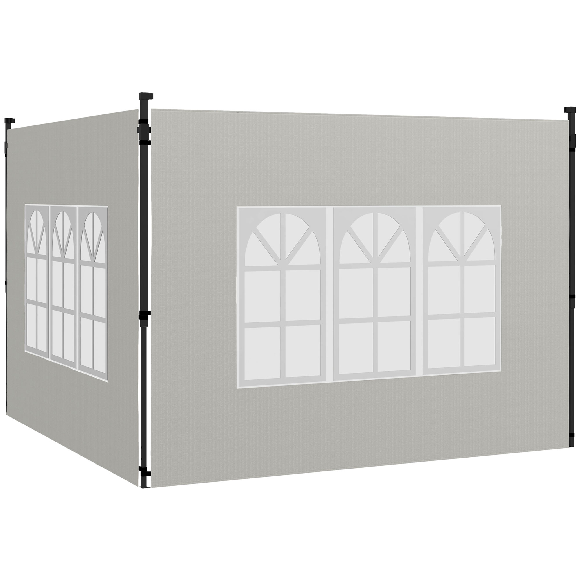 Tenda grigia con finestre e pali neri.