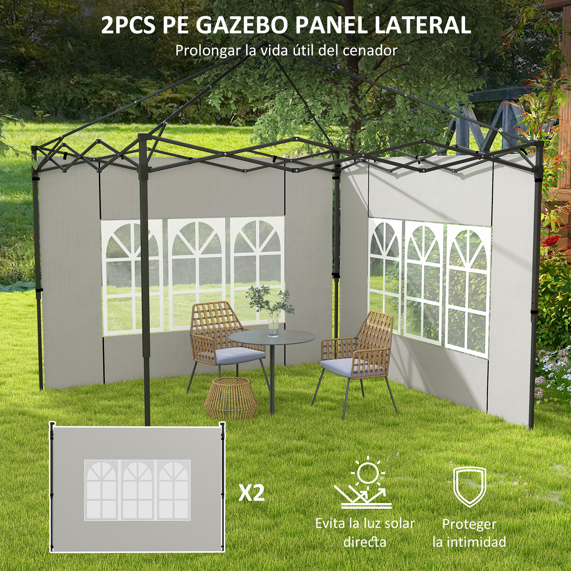 Un panel lateral gris para cenador con ventanas en un jardín.