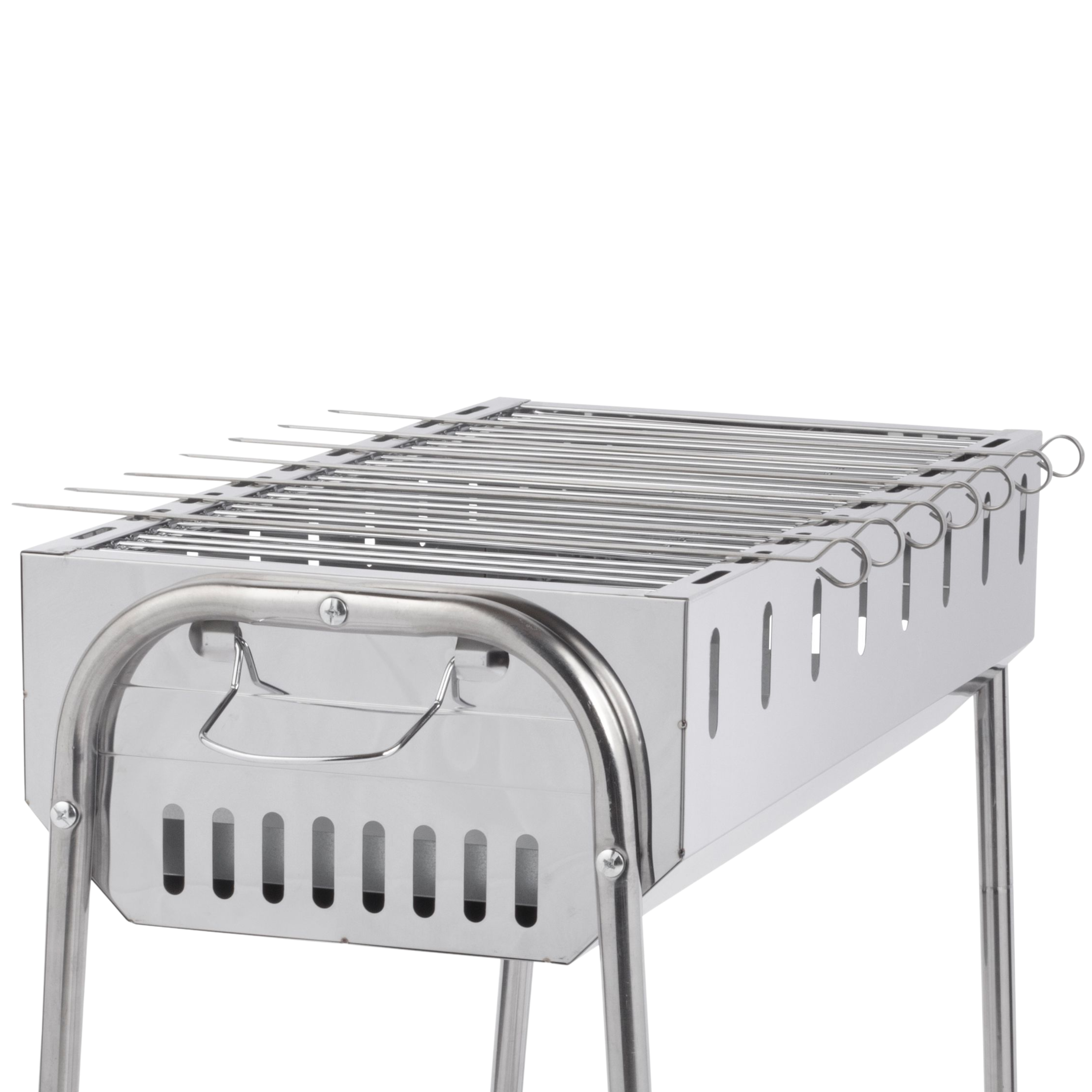 Ein metallischer Grill mit vielen Spießen und Lüftungsschlitzen.