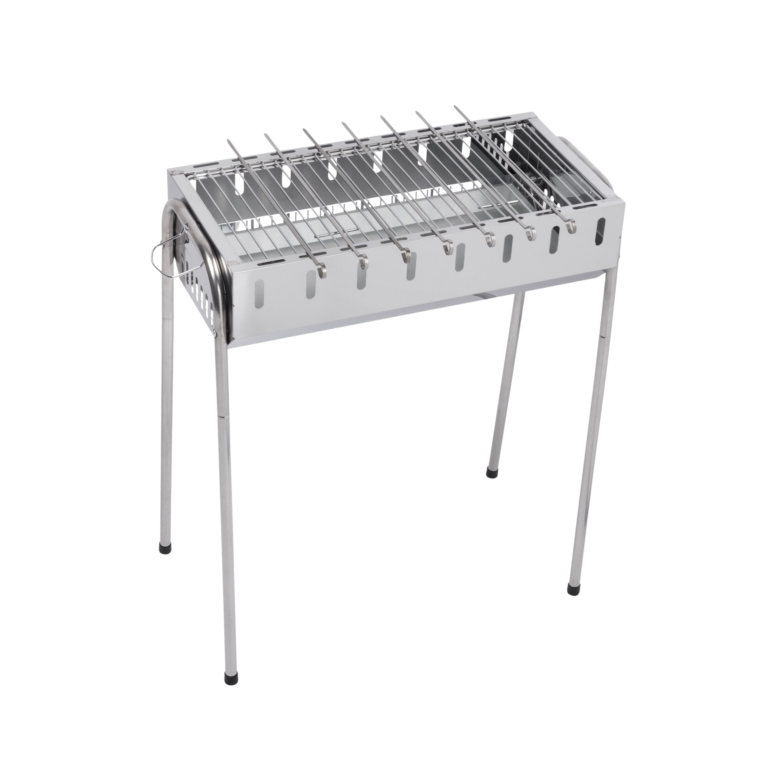 Ein silberner Grill mit vier Beinen und Spießen.