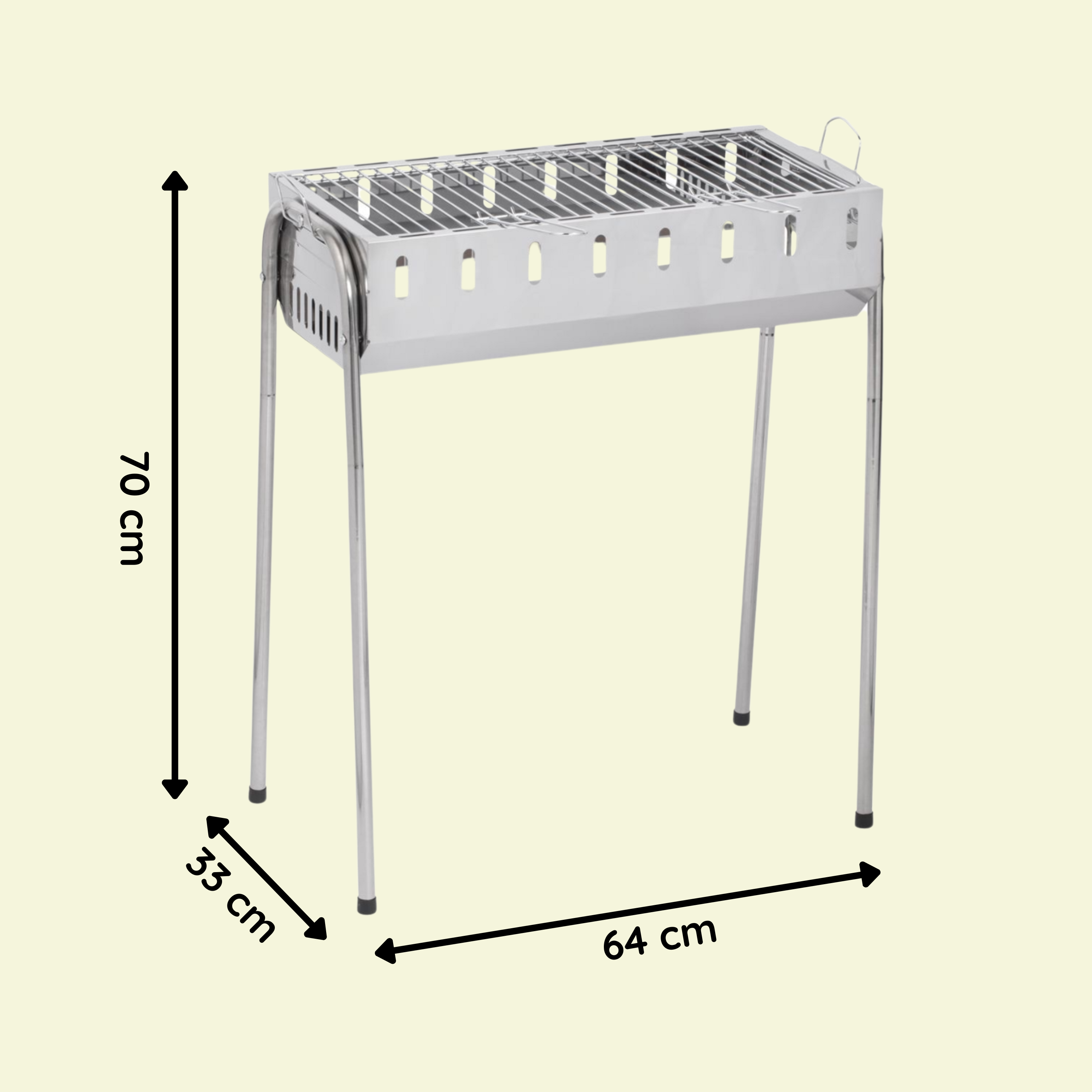 Ein silberner Grill mit drei Beinen. Maße: 70 cm hoch, 64 cm breit.