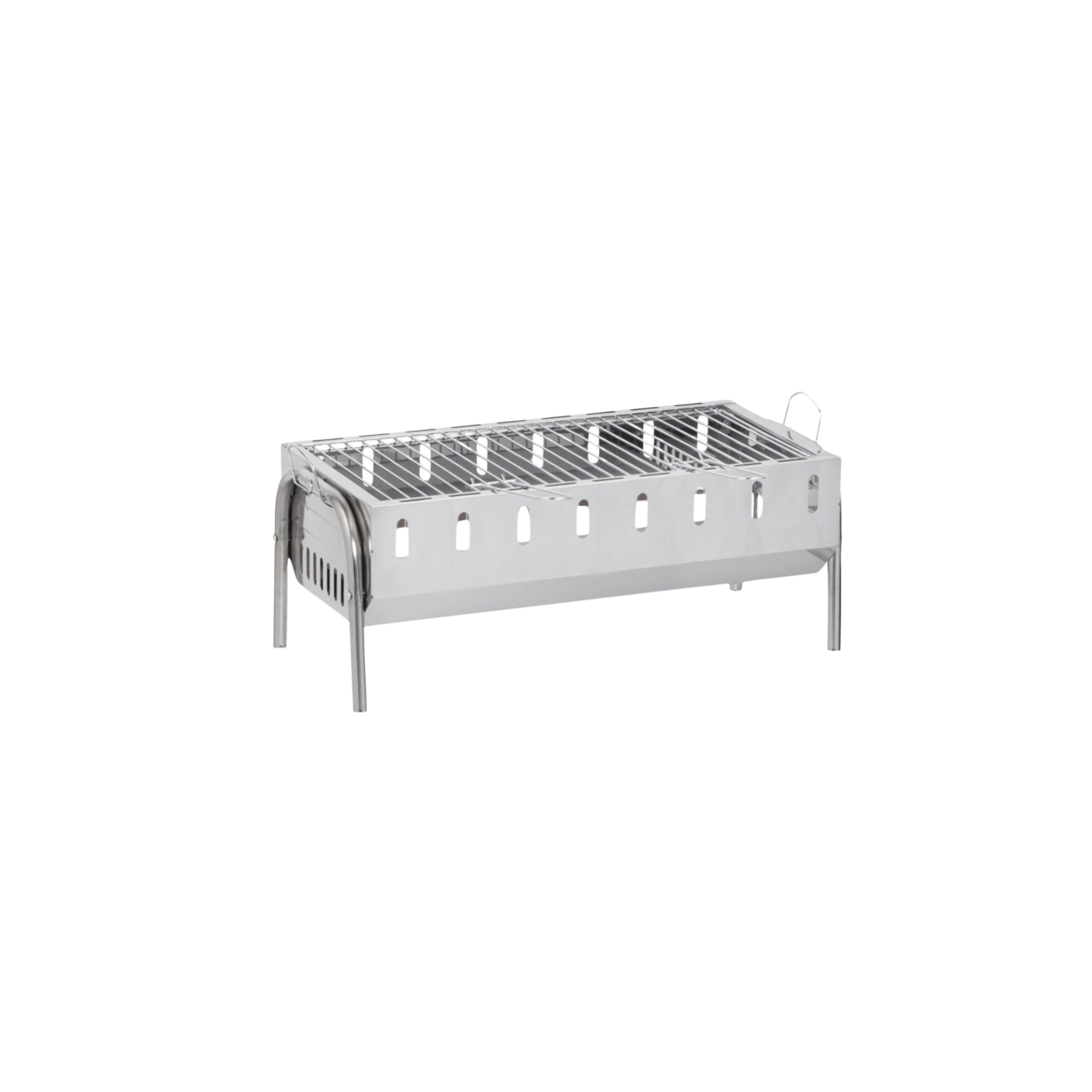 Ein glänzender, rechteckiger Metallgrill mit Beinen und Rost.