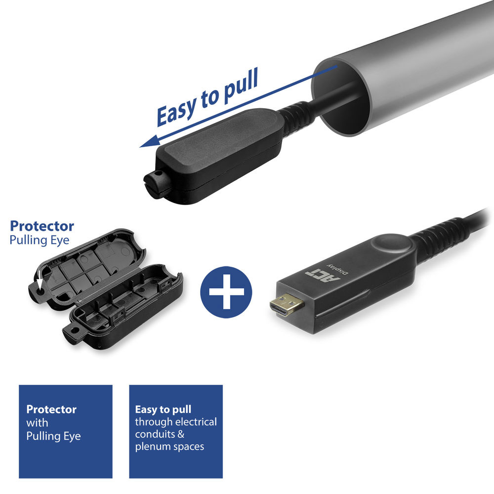 Een zwarte connector met trekring wordt door een buis getrokken. Daarnaast een beschermer.