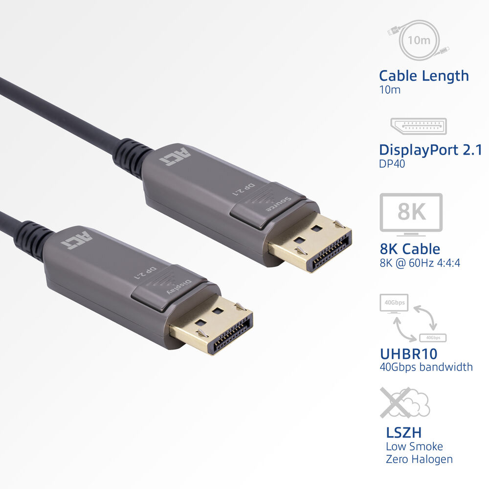Zwei graue DisplayPort 2.1 Kabel mit goldenen Anschlüssen und Beschriftungen.