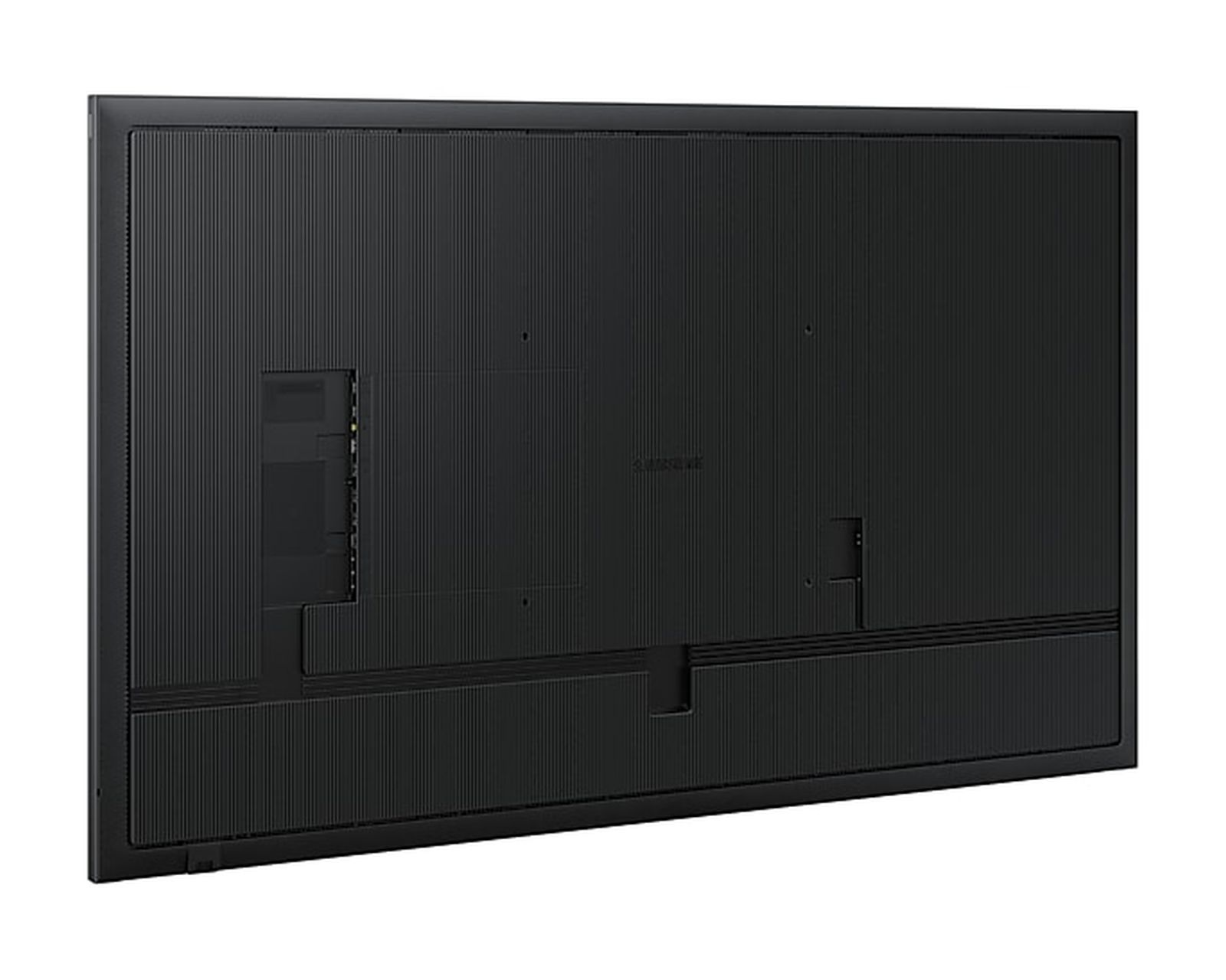 Parte trasera de un televisor negro grande con rejillas de ventilación y puertos.