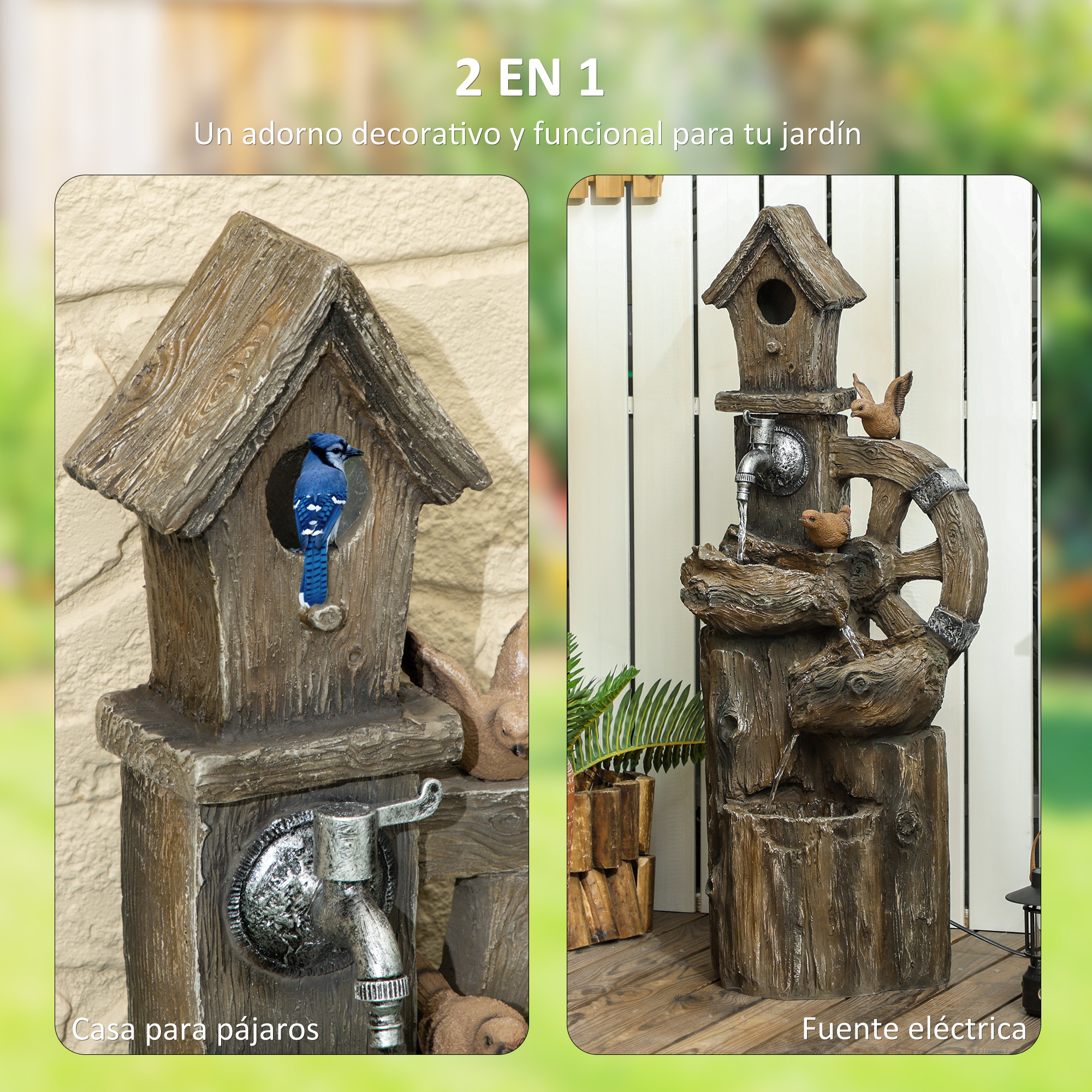 Decoración de jardín con casa de pájaros y fuente con pájaro y rueda.