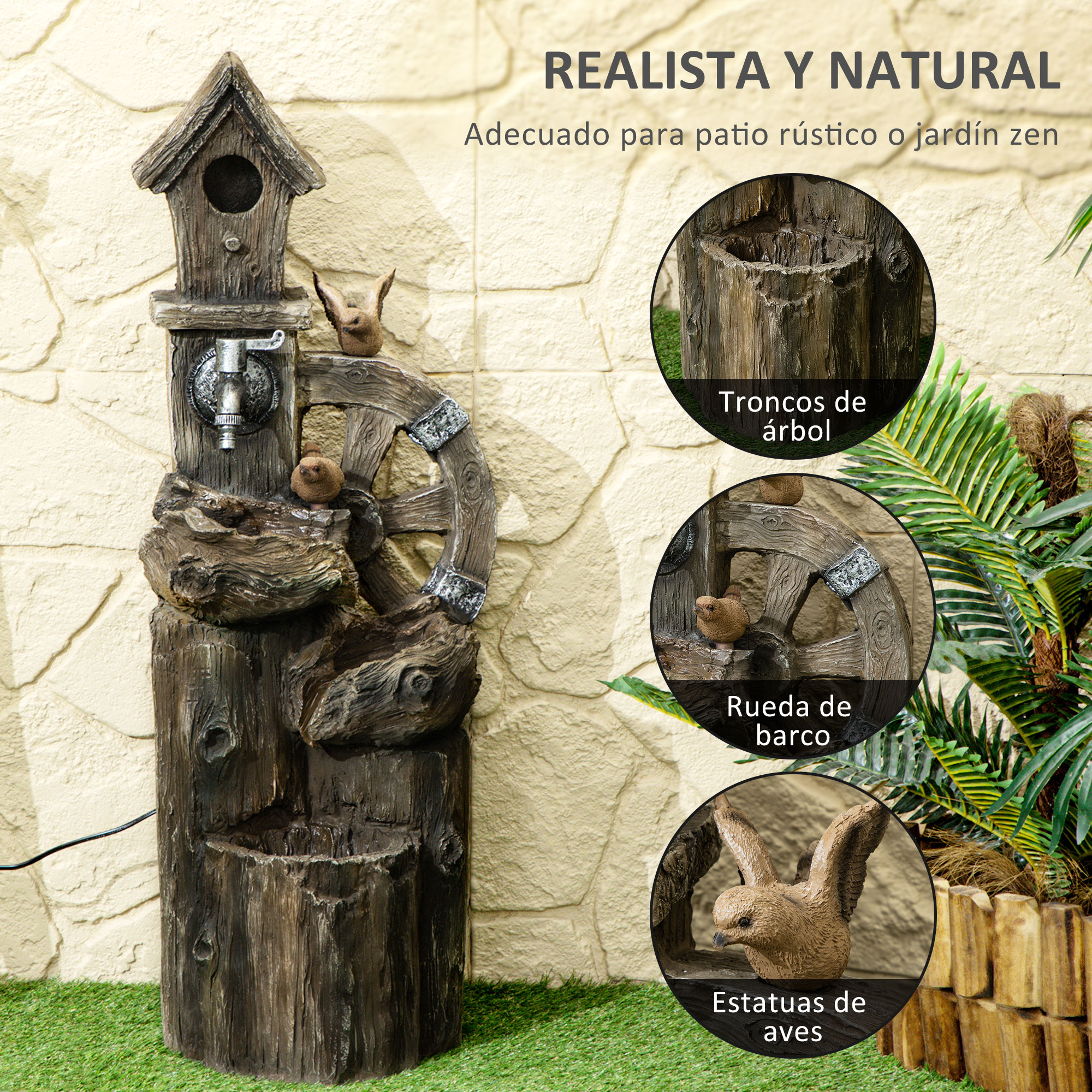 Una fuente de madera con casita para pájaros, grifo, rueda y estatuas.