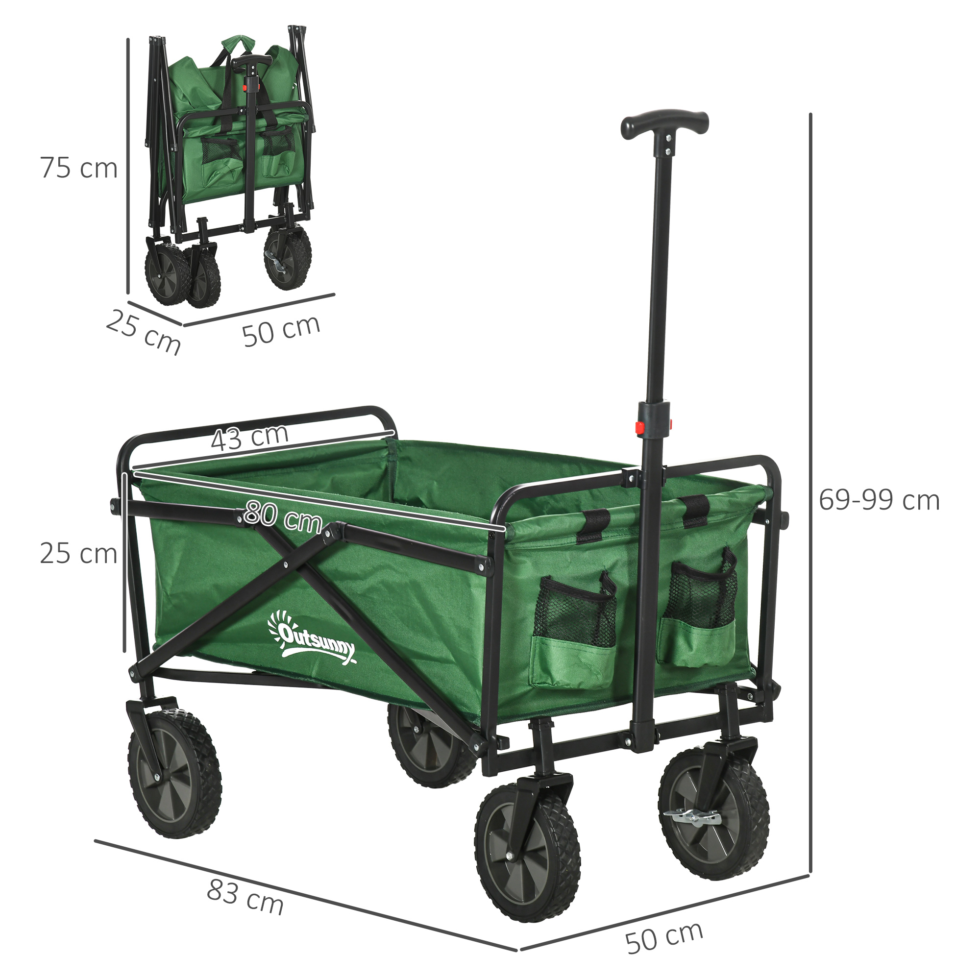Carro verde para exteriores con asa telescópica y ruedas.