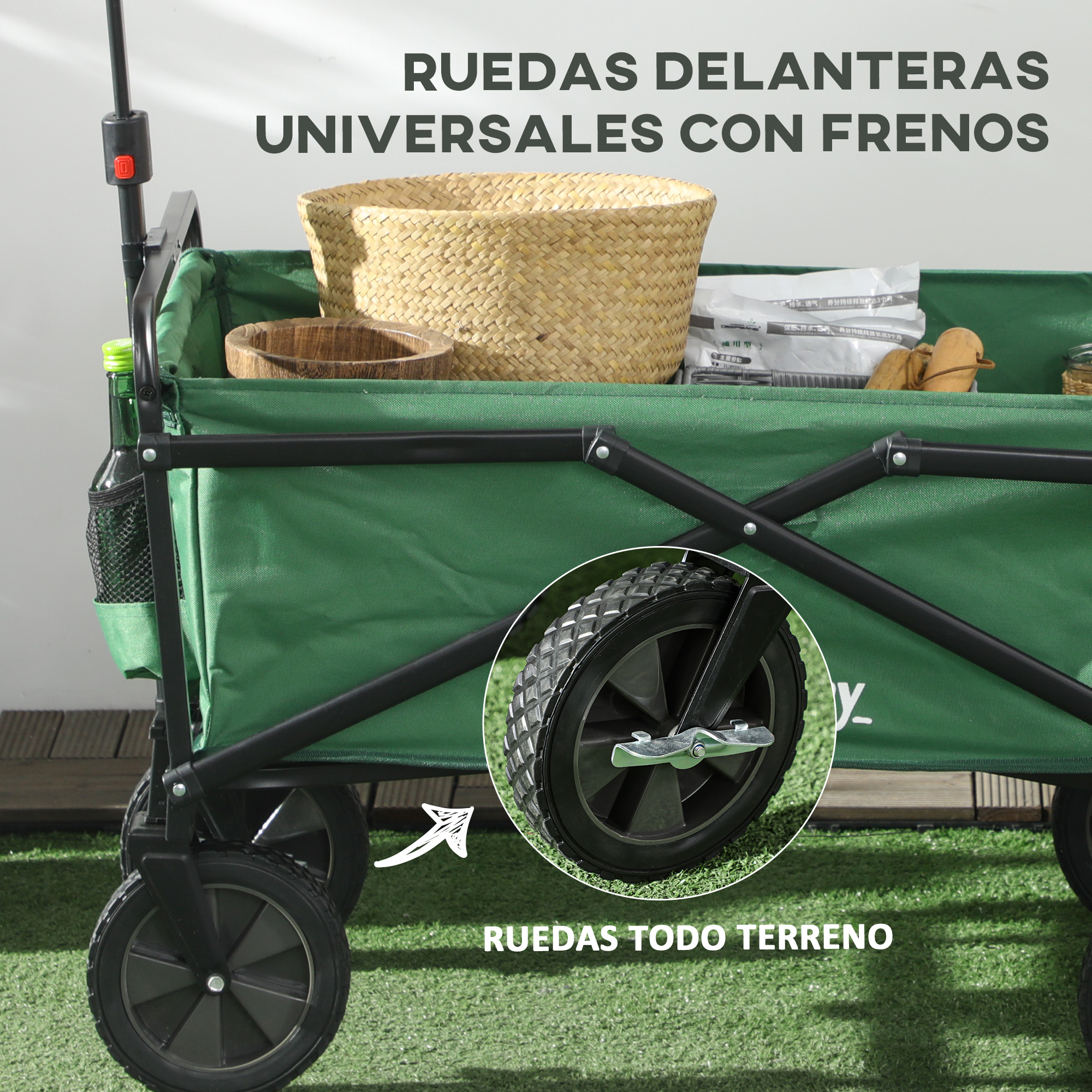 Carro verde con cesta tejida, cuenco de madera y rueda detallada.