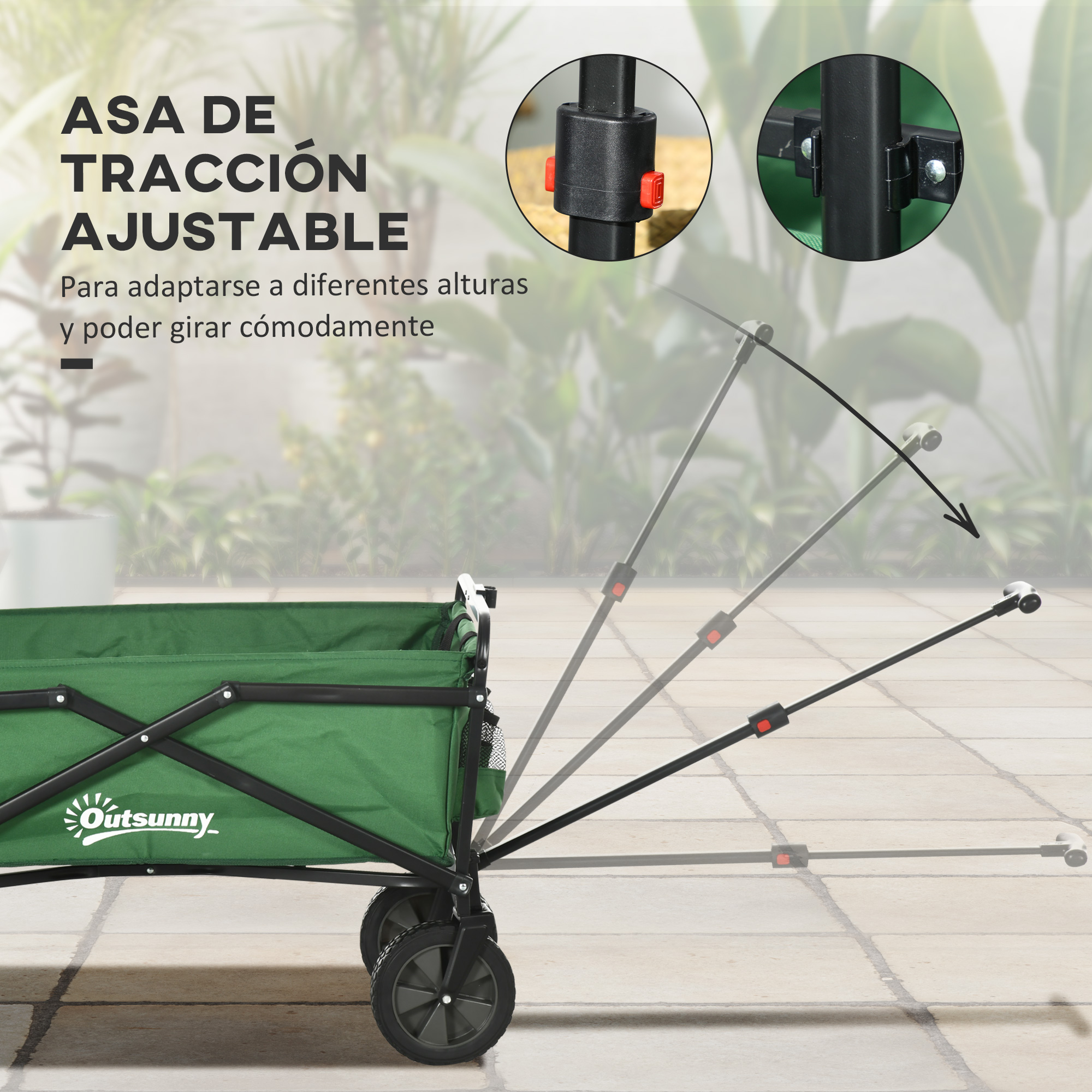 Carro verde con asa ajustable y ruedas sobre superficie pavimentada.