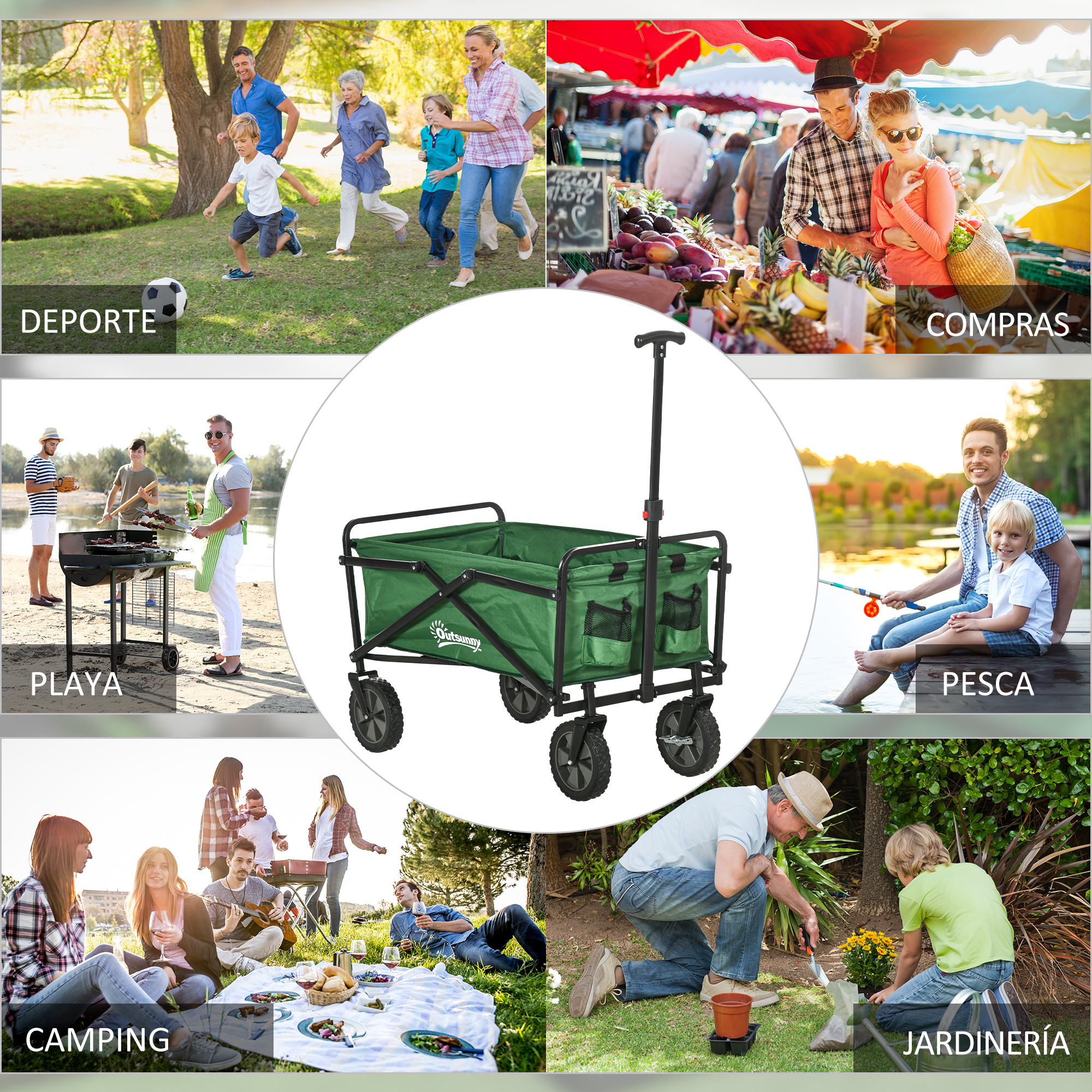 Un carro plegable verde está en el centro. Rodeado de escenas: familia jugando fútbol, gente comprando, barbacoa en la playa, pesca, camping, jardinería.