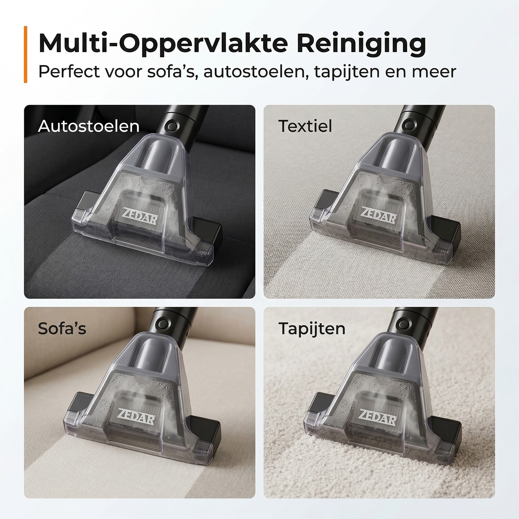 Four images show a vacuum head on car seats, fabric, sofa, and carpet.