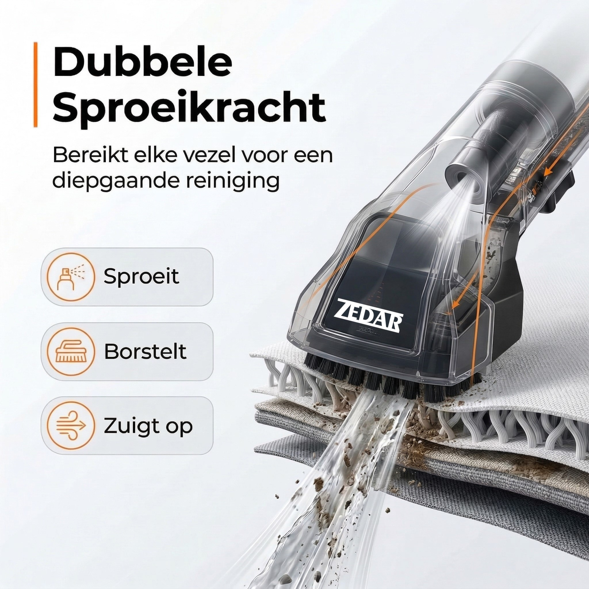 A cleaning device sprays, brushes, and vacuums dirt from fabric layers.